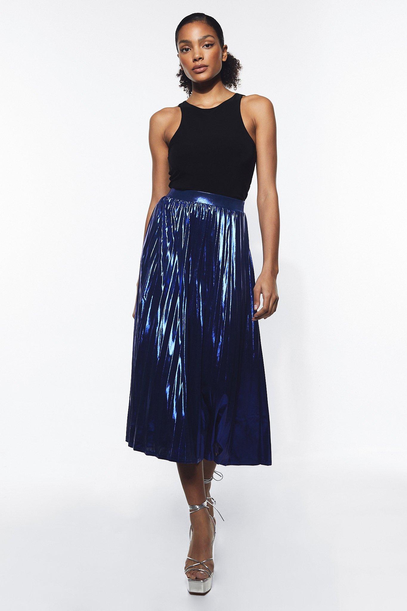 Womens Metallic Lame Pleated Midi Skirt - cobalt