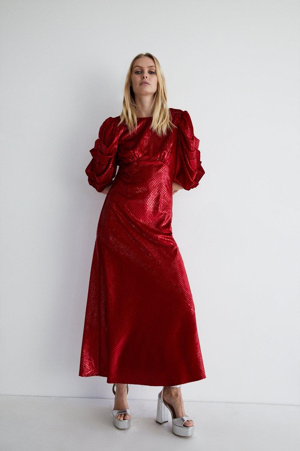 Womens Stripe Velvet Bias Cut Maxi Dress - red
