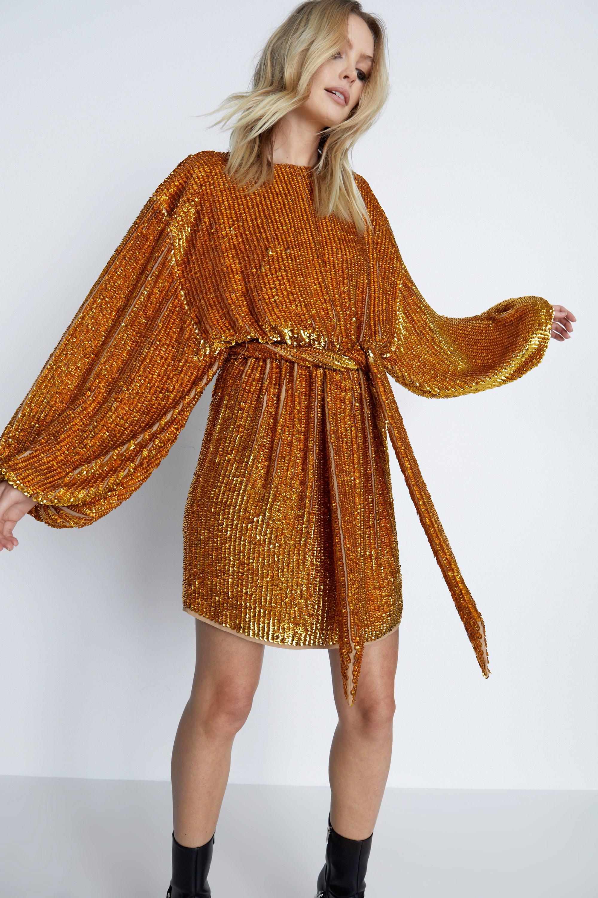 Womens Hand Sequined Belted Mini Dress - gold