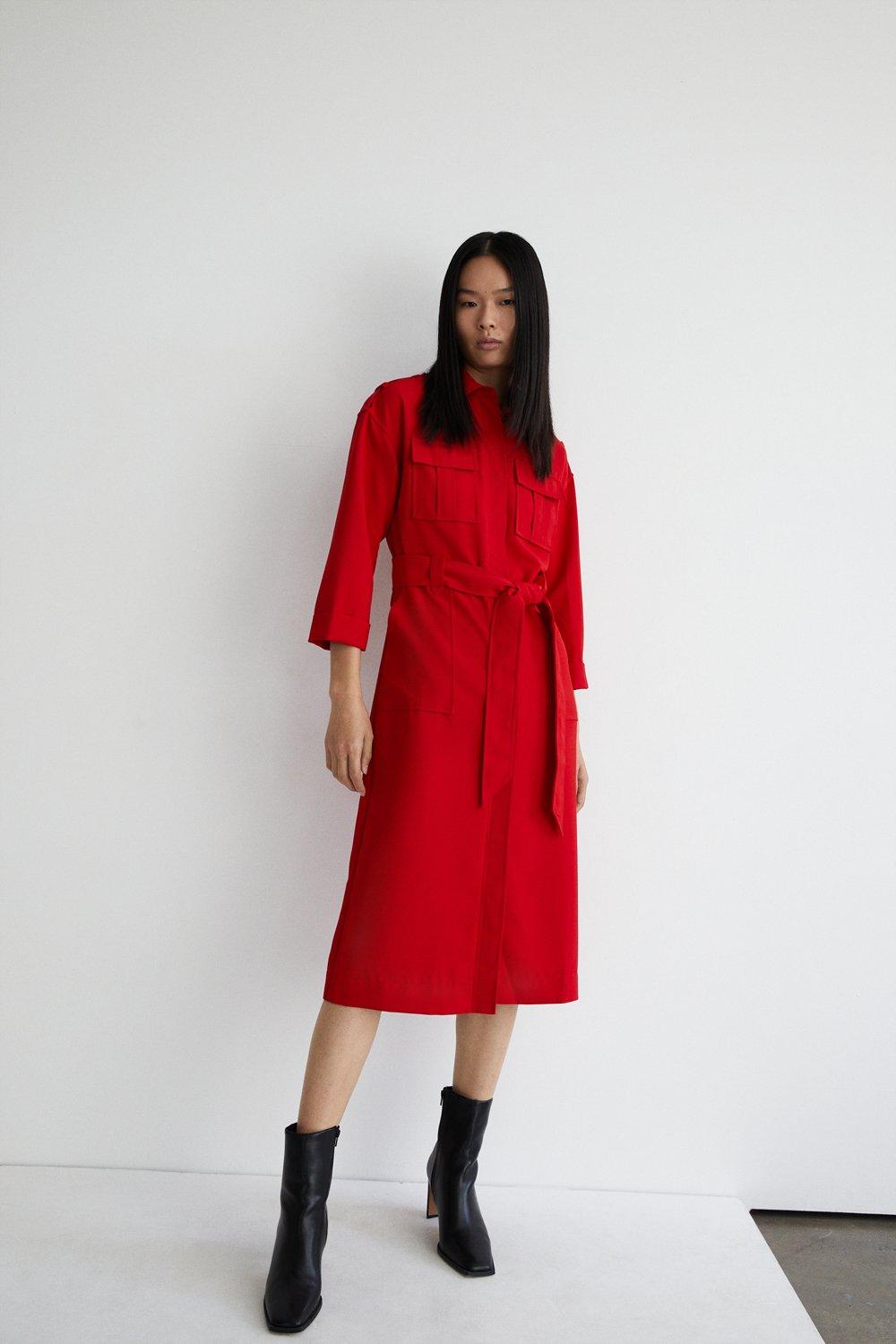 Womens Utility Shirt Dress With 3/4 Sleeve - red