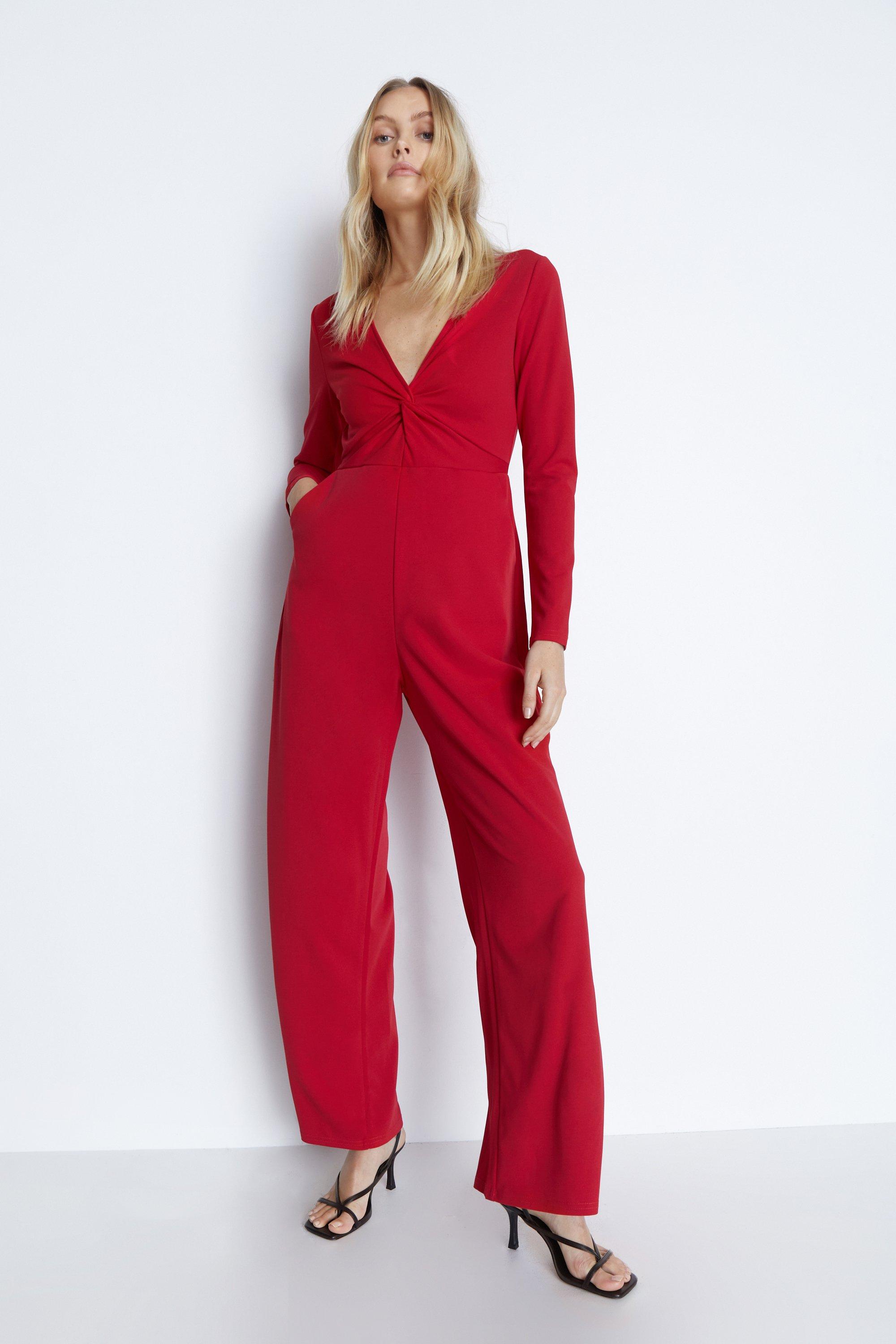 Womens Jersey Crepe Twist Front V Neck Jumpsuit - red