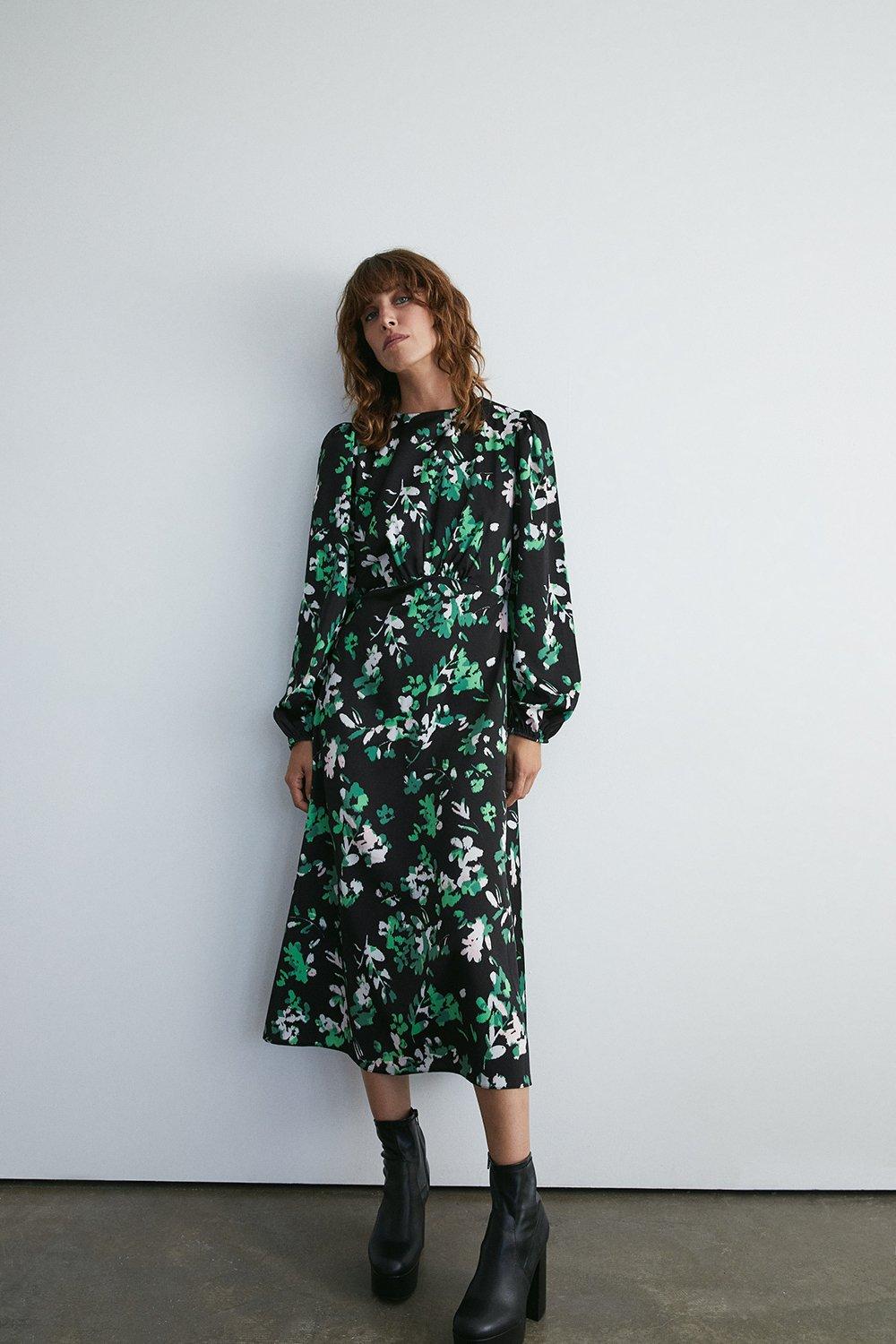 Womens Floral Print Long Sleeve Tea Midi Dress - green