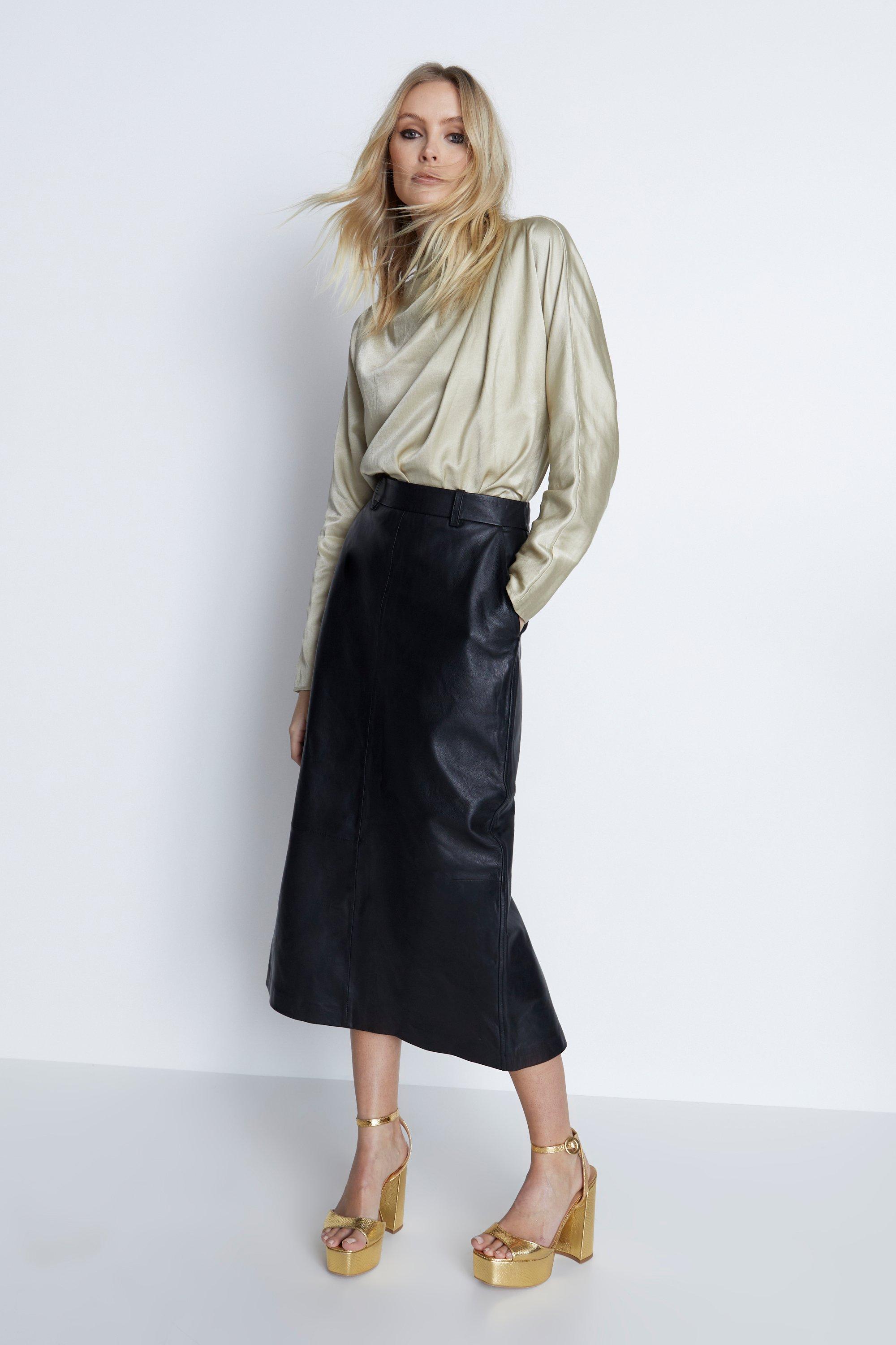 Womens Real Leather Midi Column Skirt - black