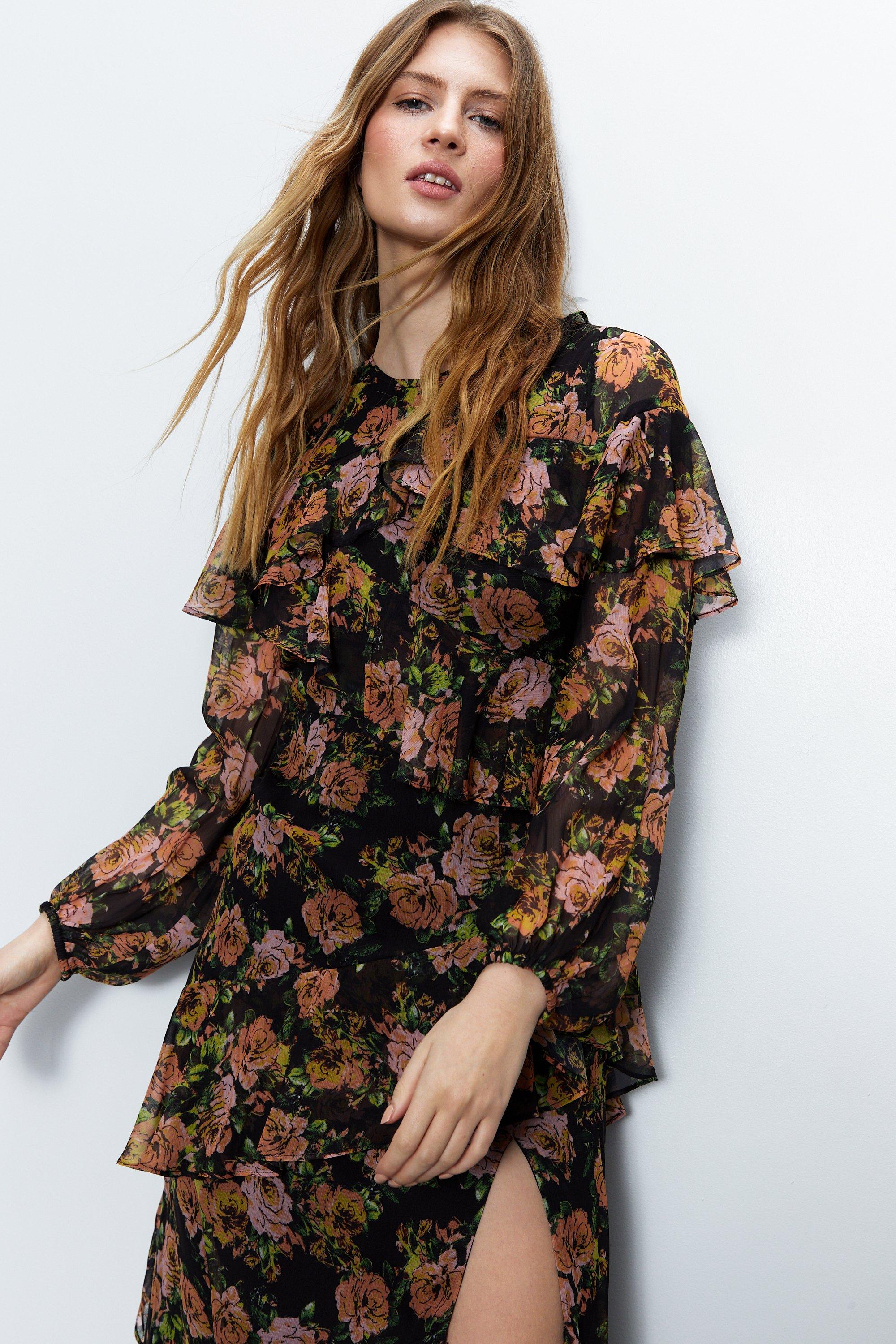Womens Premium Floral Ruffle Detail Tiered Maxi Dress - multi