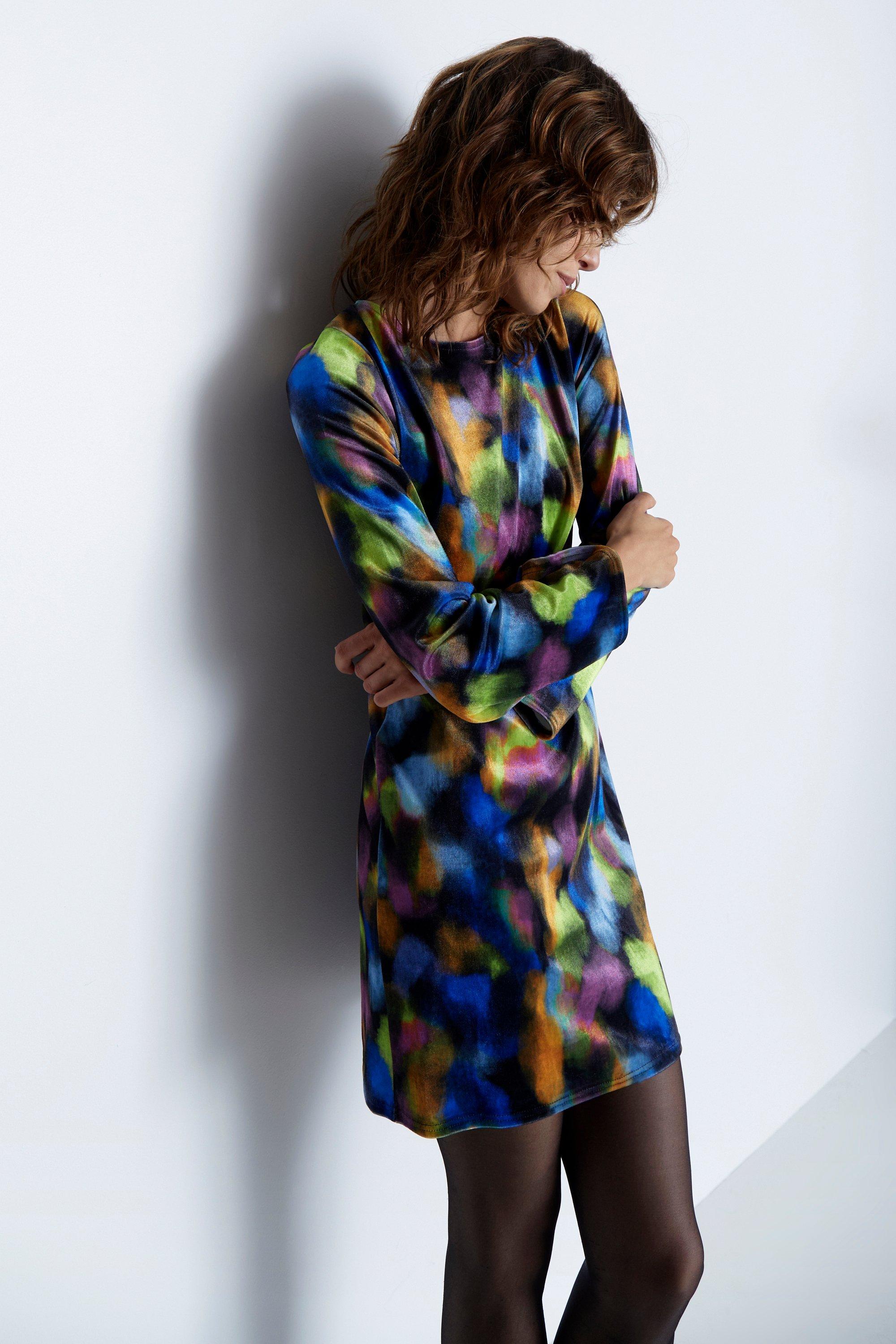 Womens Art Print Velvet Shift Flare Sleeve Mini Dress - multi
