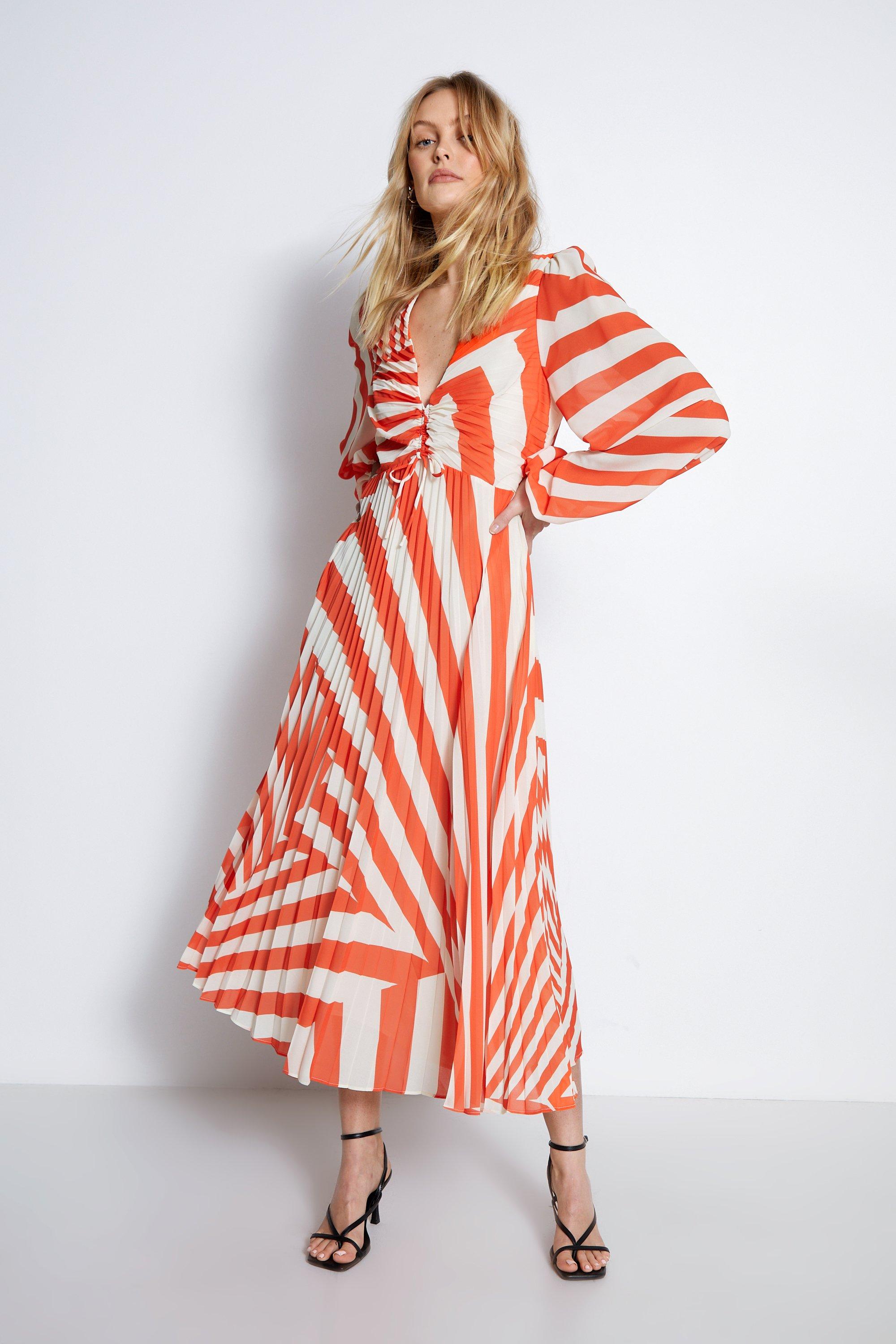 Womens Stripe Pleated Plunge Maxi Dress - ivory