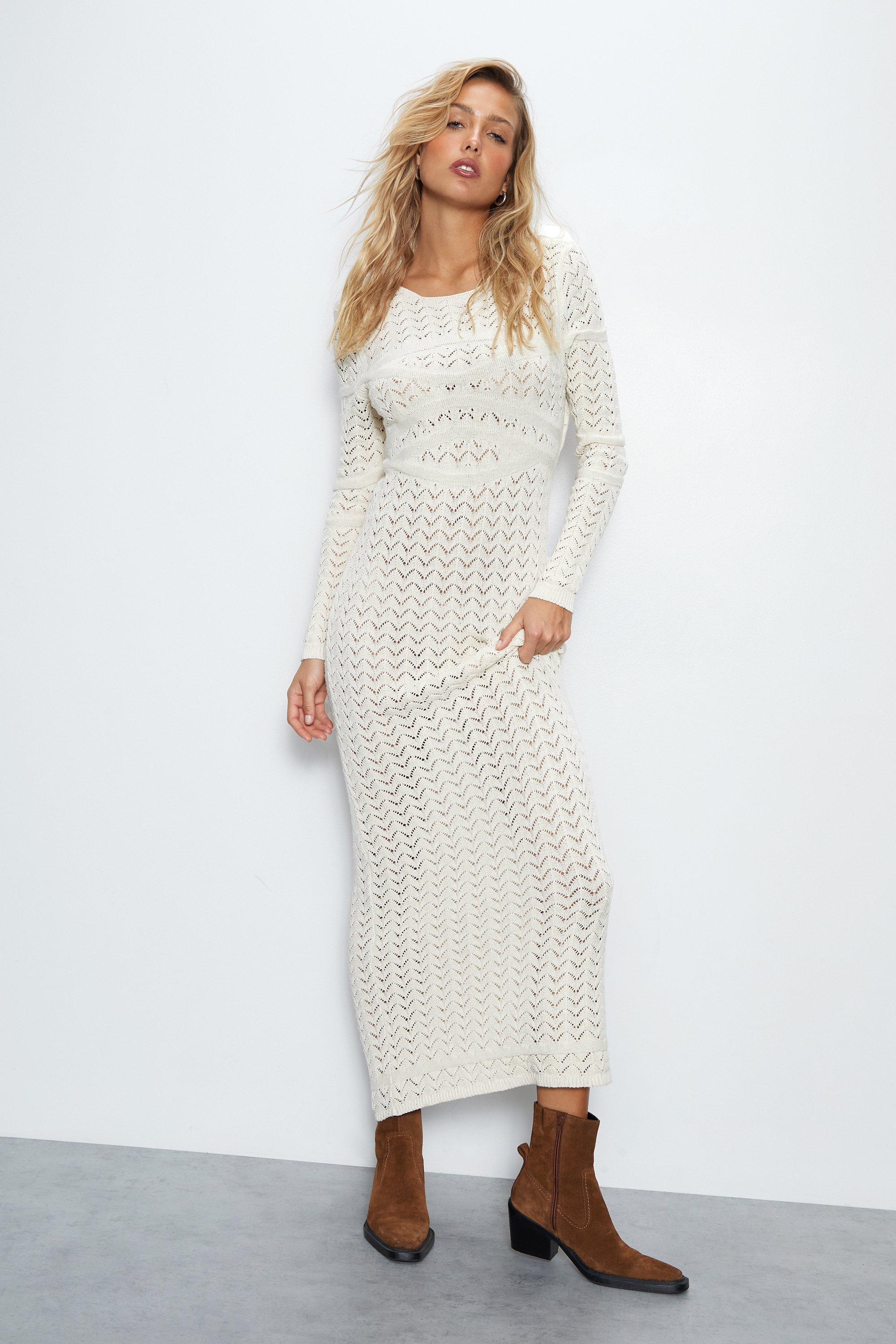 Womens Long Sleeve Open Back Crochet Maxi Dress - ivory