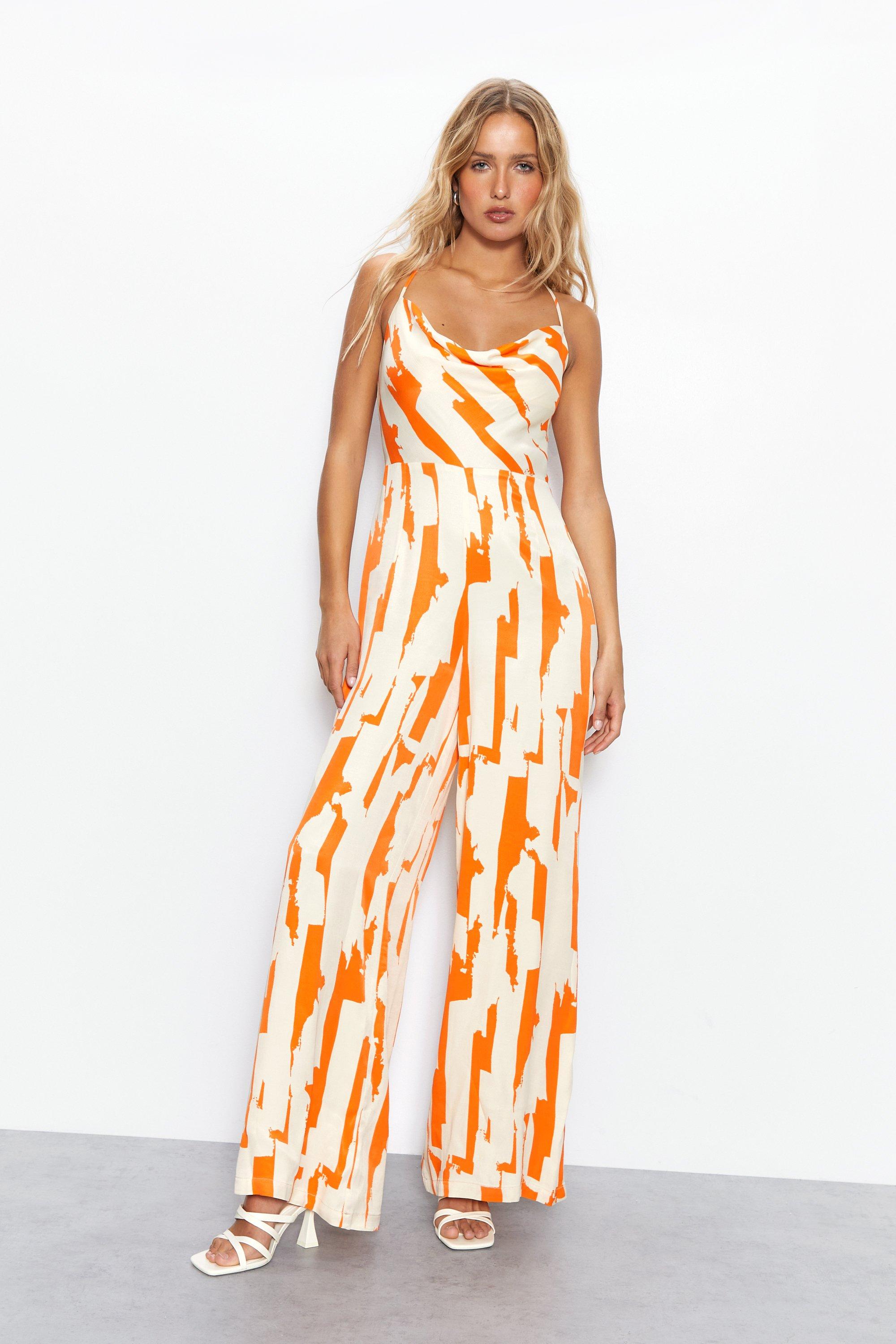 Womens Abstract Print Satin Cowl Strappy Jumpsuit - orange