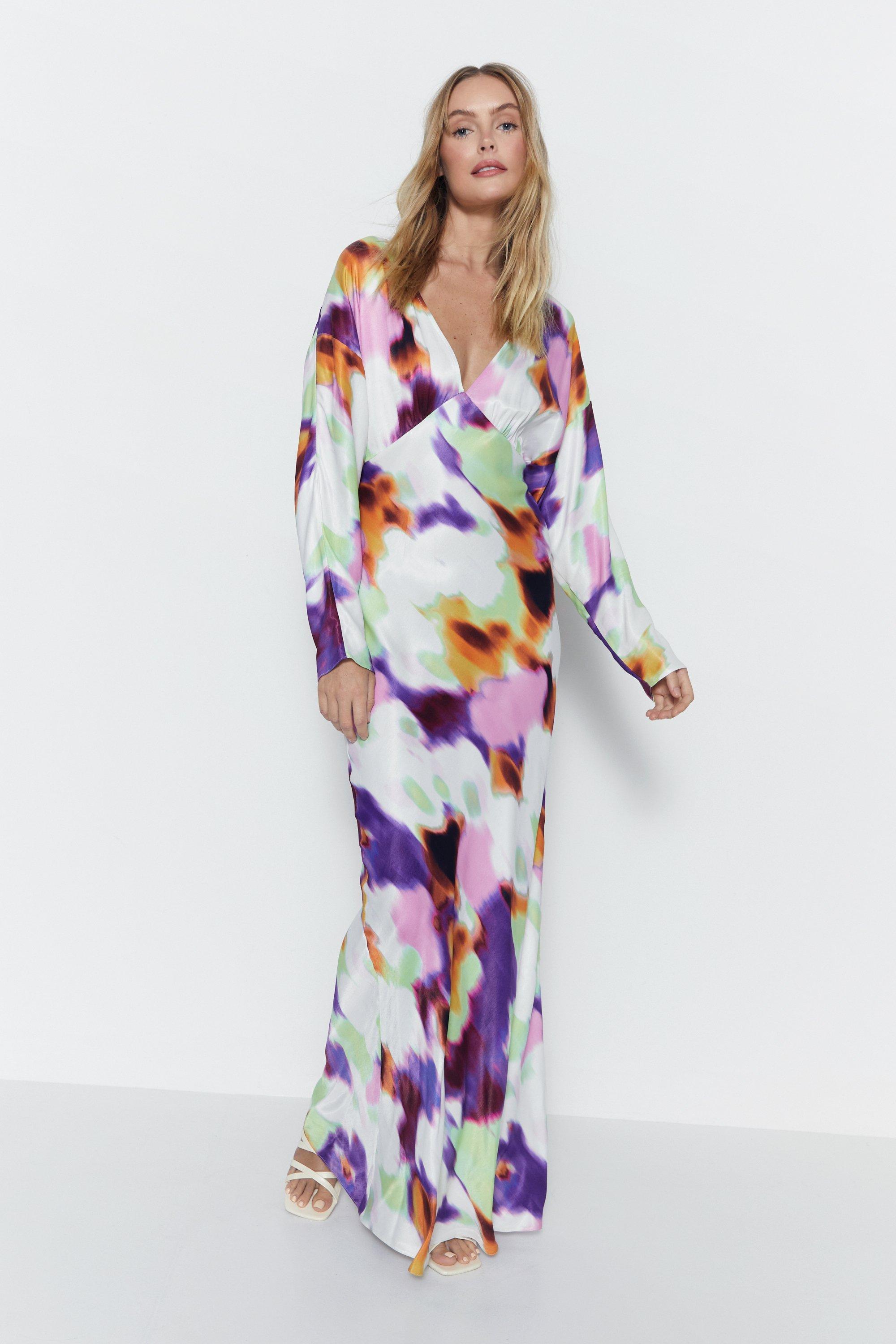 Womens Blurred Abstract Print Satin Batwing Dress - multi