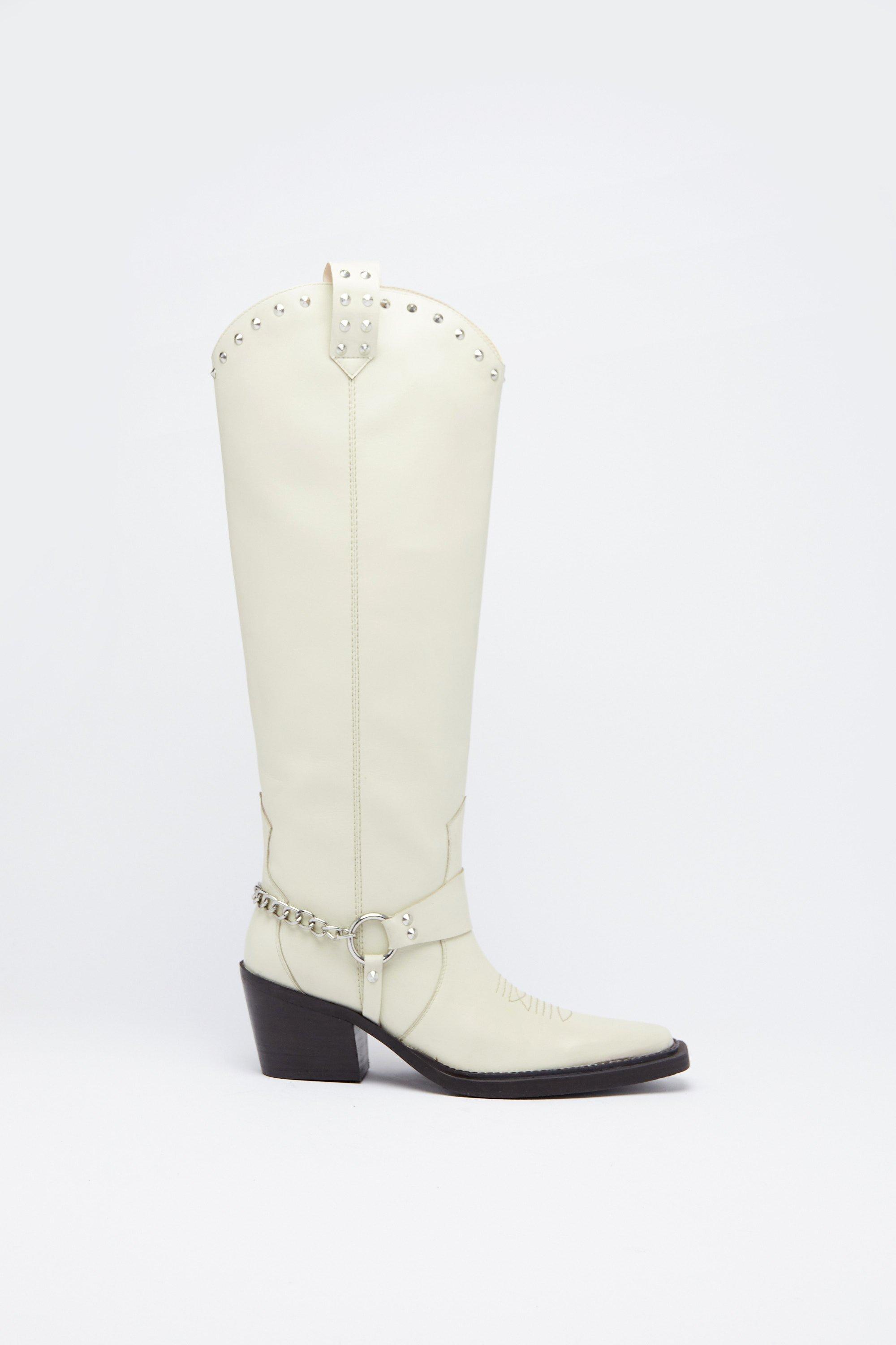 Womens Leather Stud Harness Knee High Cowboy Boot - cream