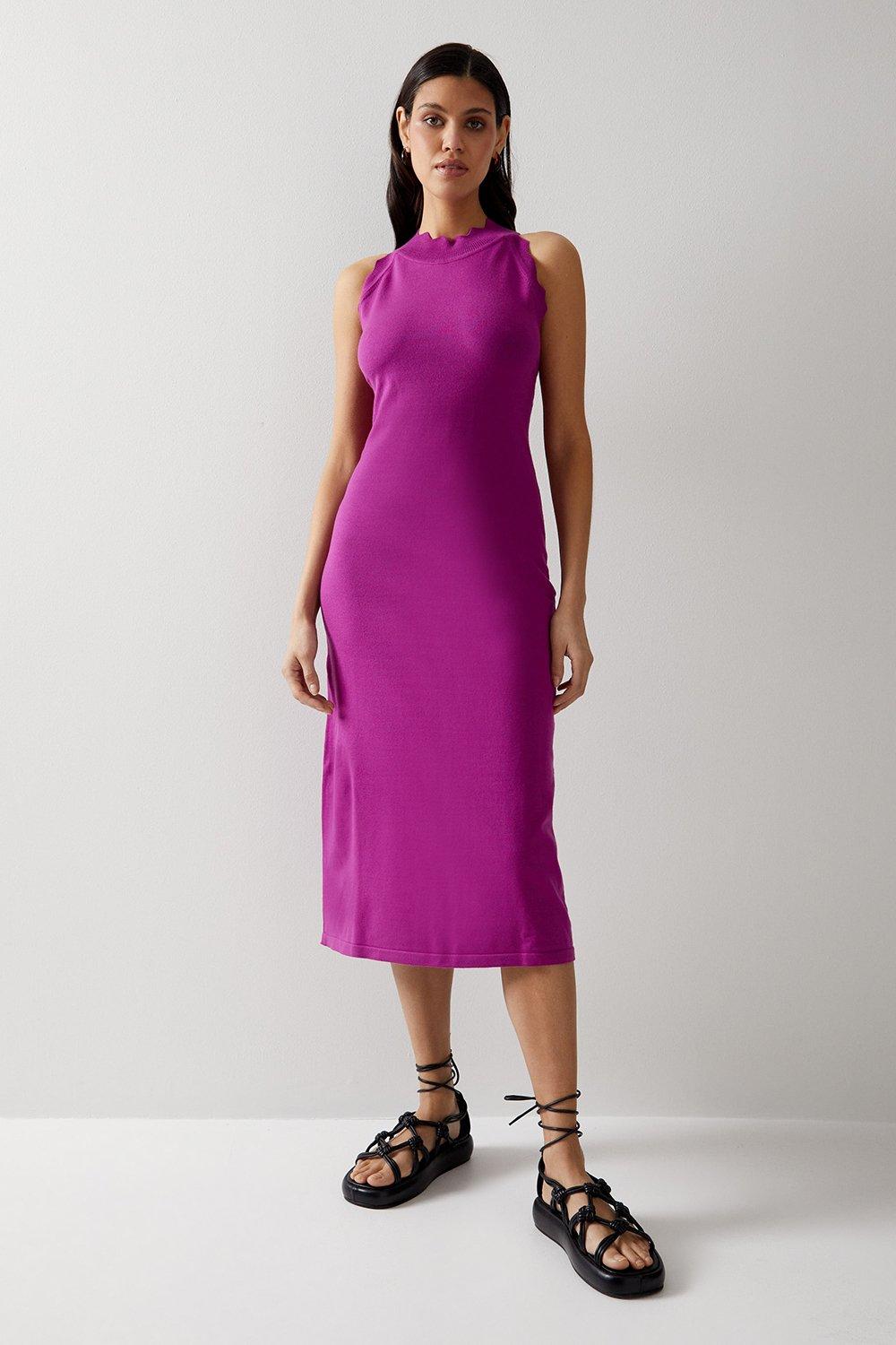 Womens Jacquard Fringe Hem Halter Neck Knitted Maxi Dress - purple