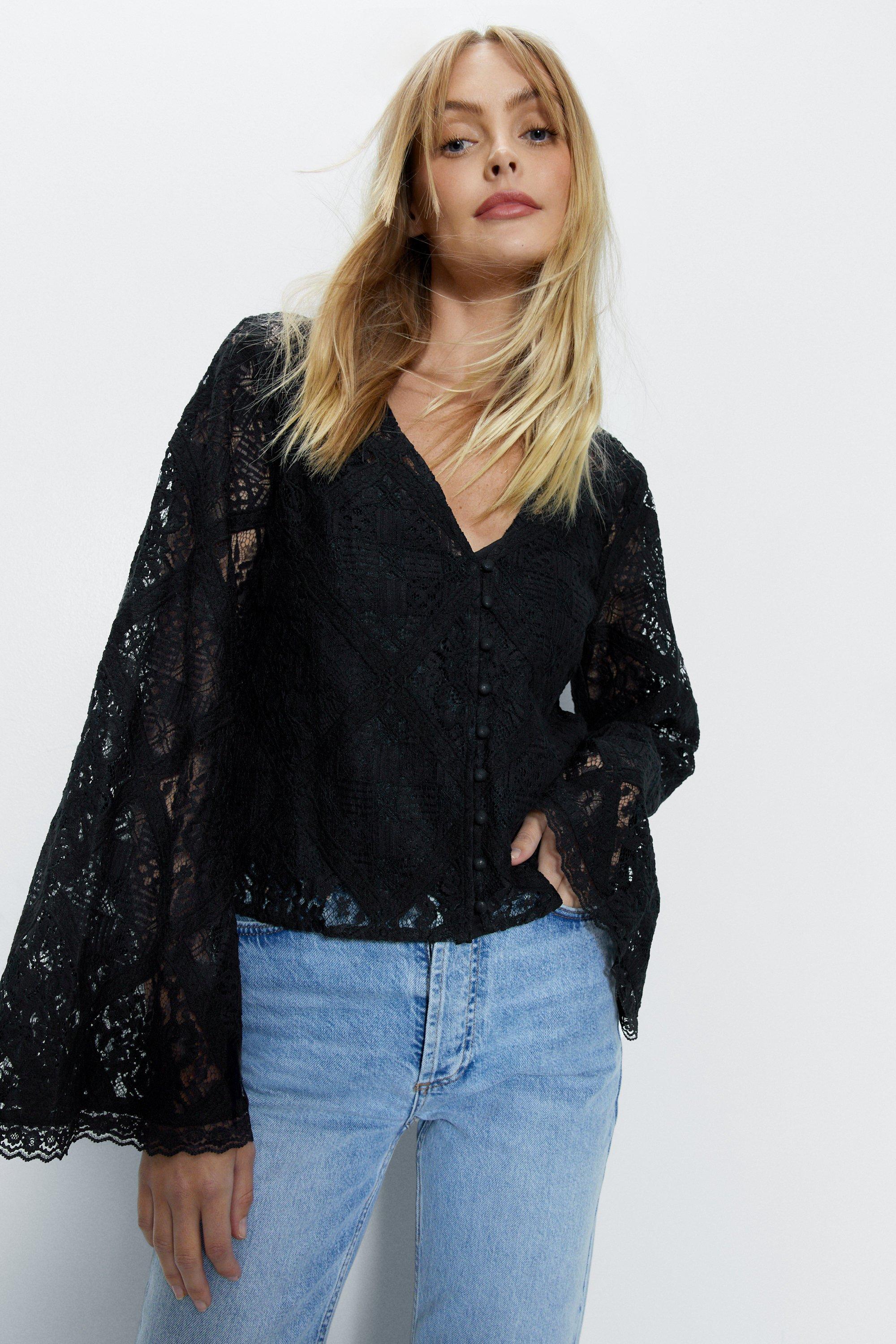 Womens Lace Covered Button Top - black