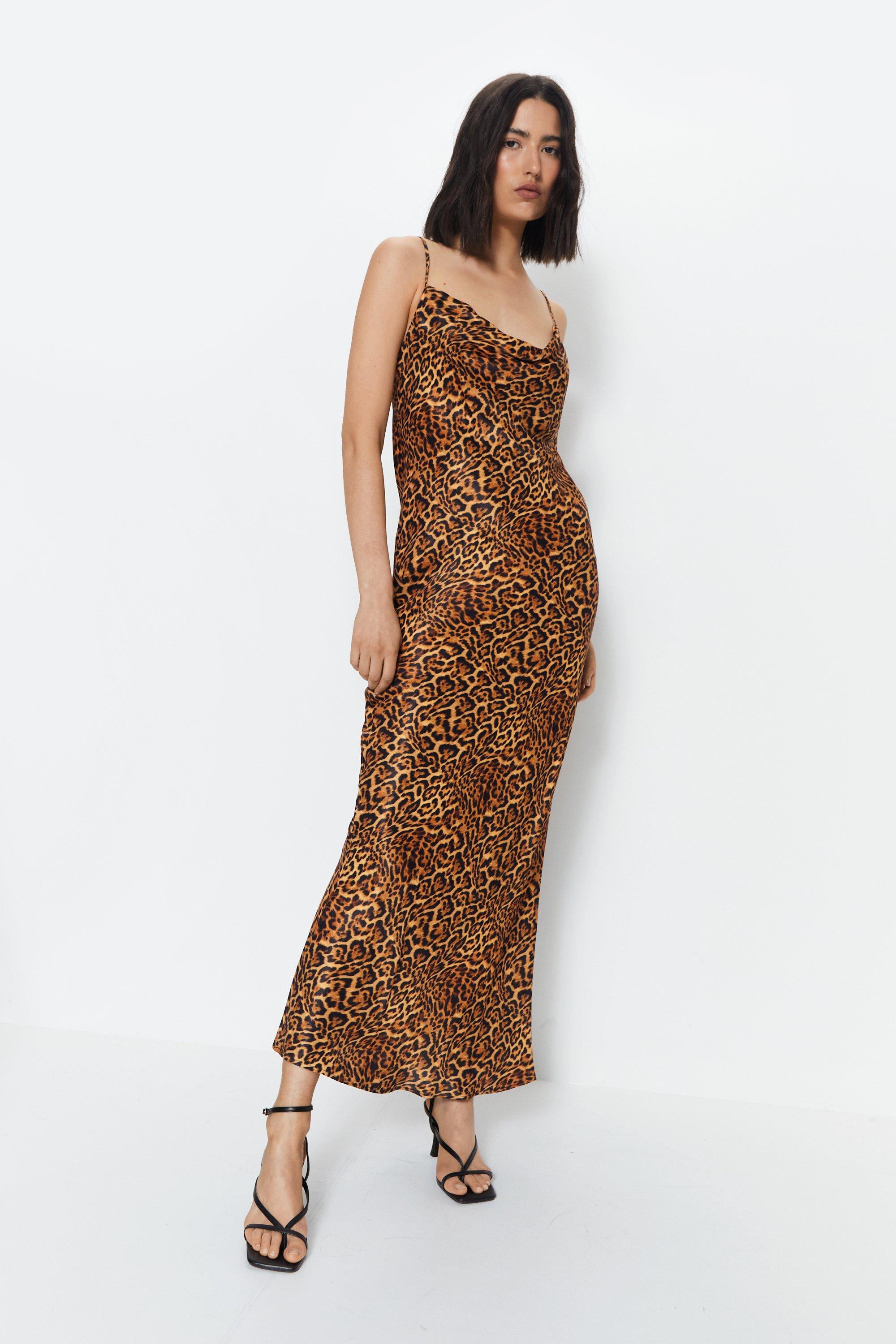 Womens Leopard Print Cowl Slip Dress - brown