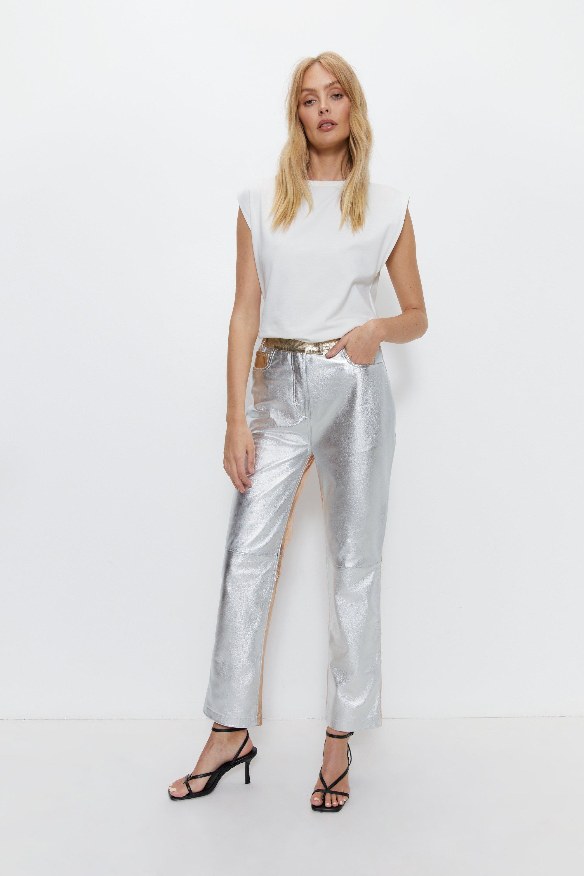 Womens Real Leather Mixed Metallic Trouser - multi