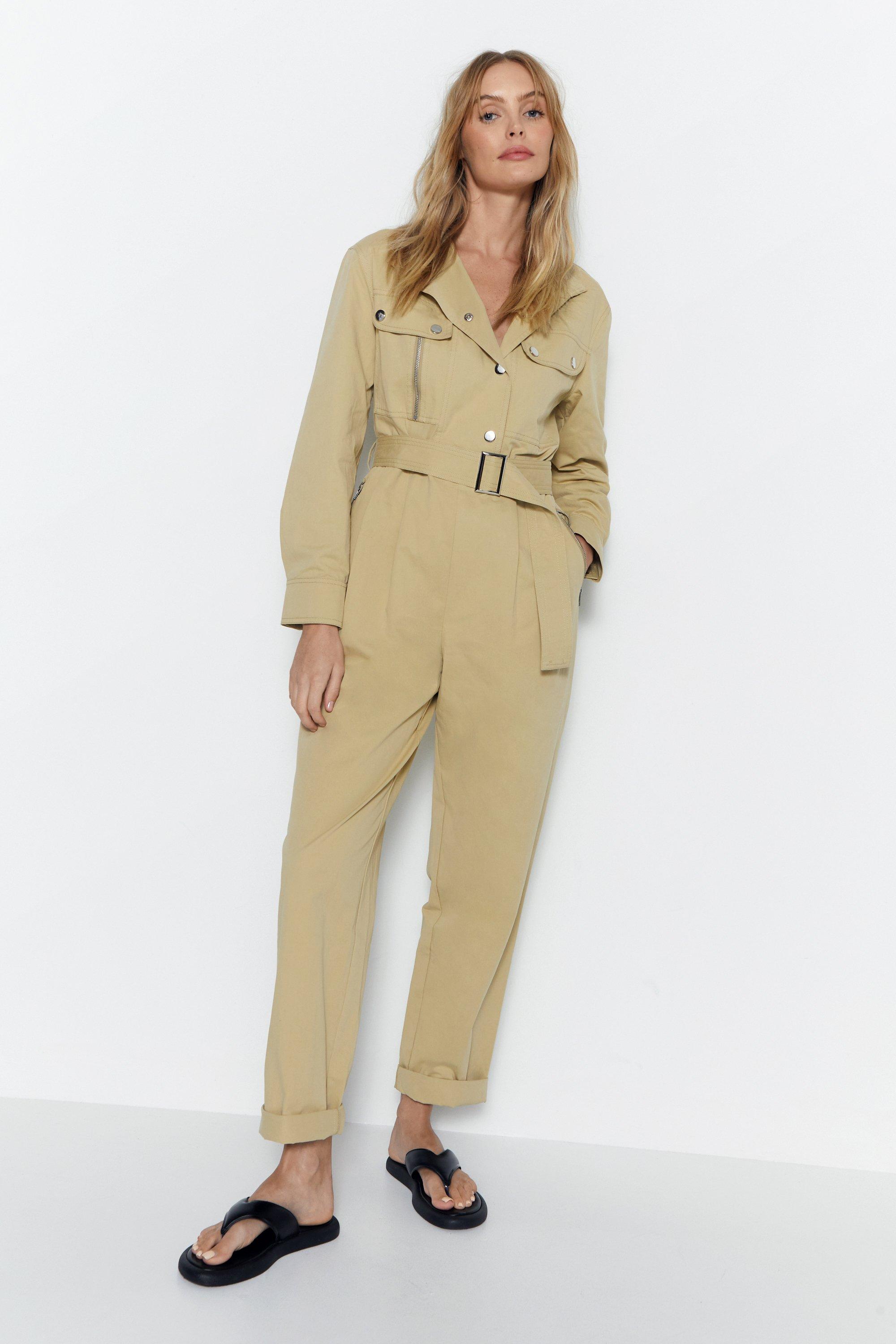 Womens Twill High Neck Belted Utility Boilersuit - sand
