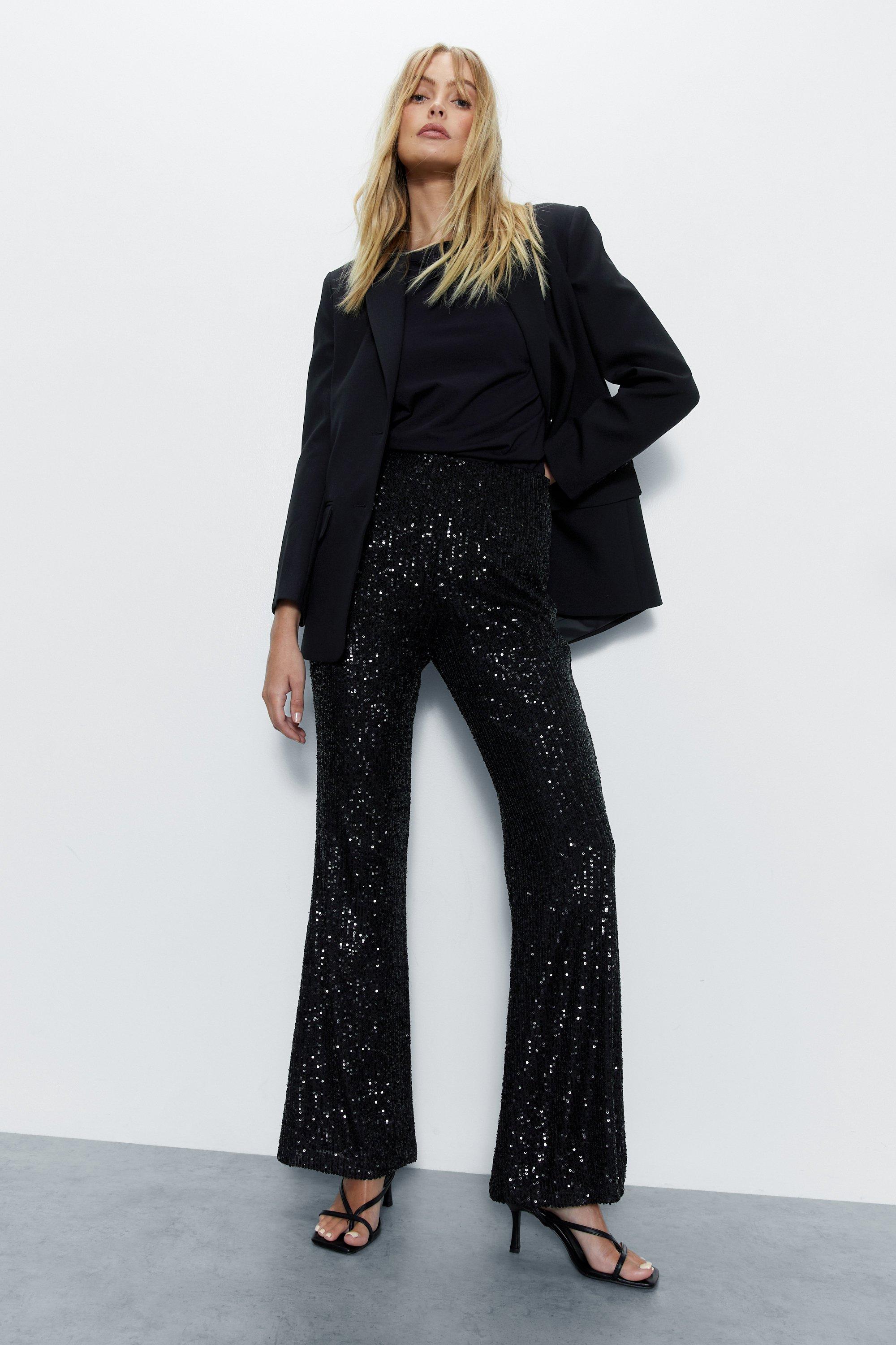Womens Sequin Flared Pants - black