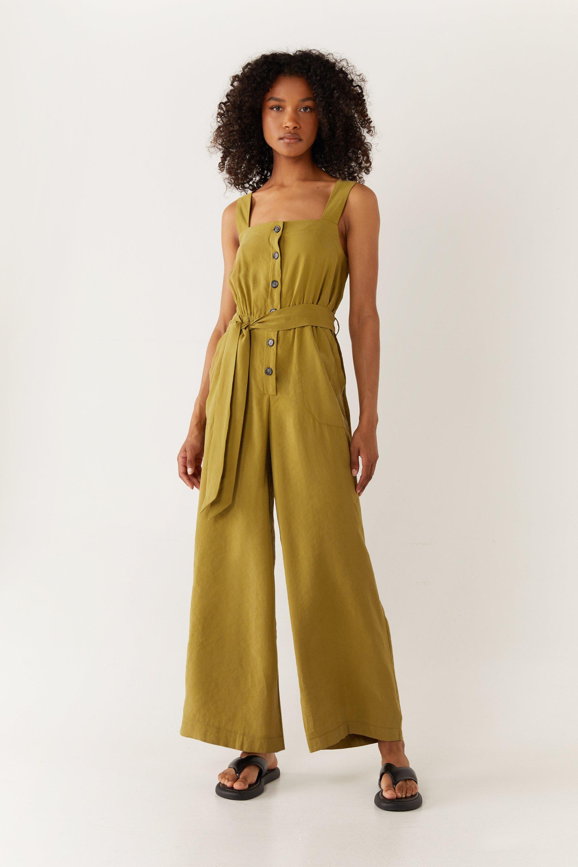 Womens Belted Button Through Utility Jumpsuit - khaki