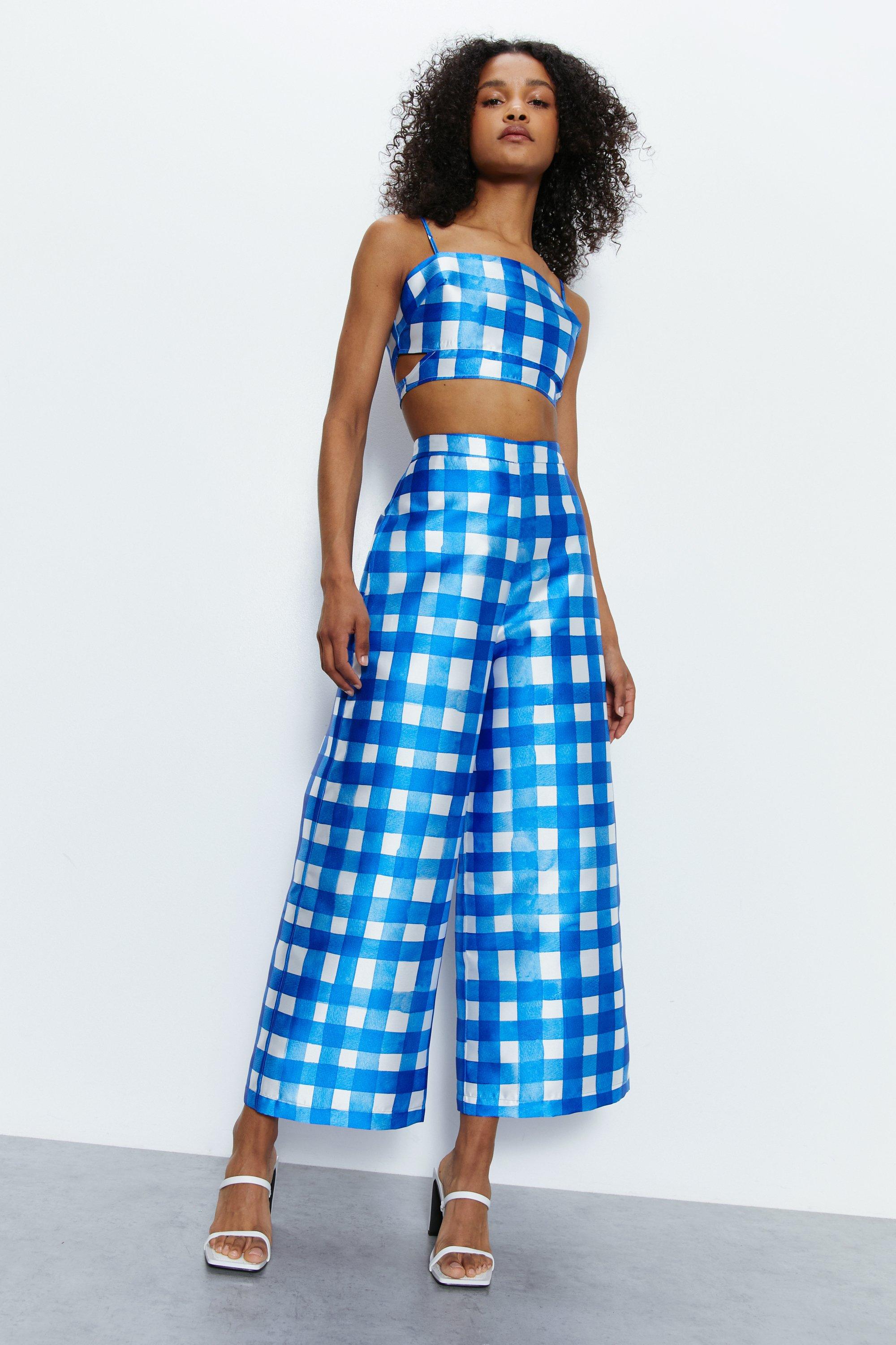Womens Gingham Satin Twill Tailored Trousers - blue