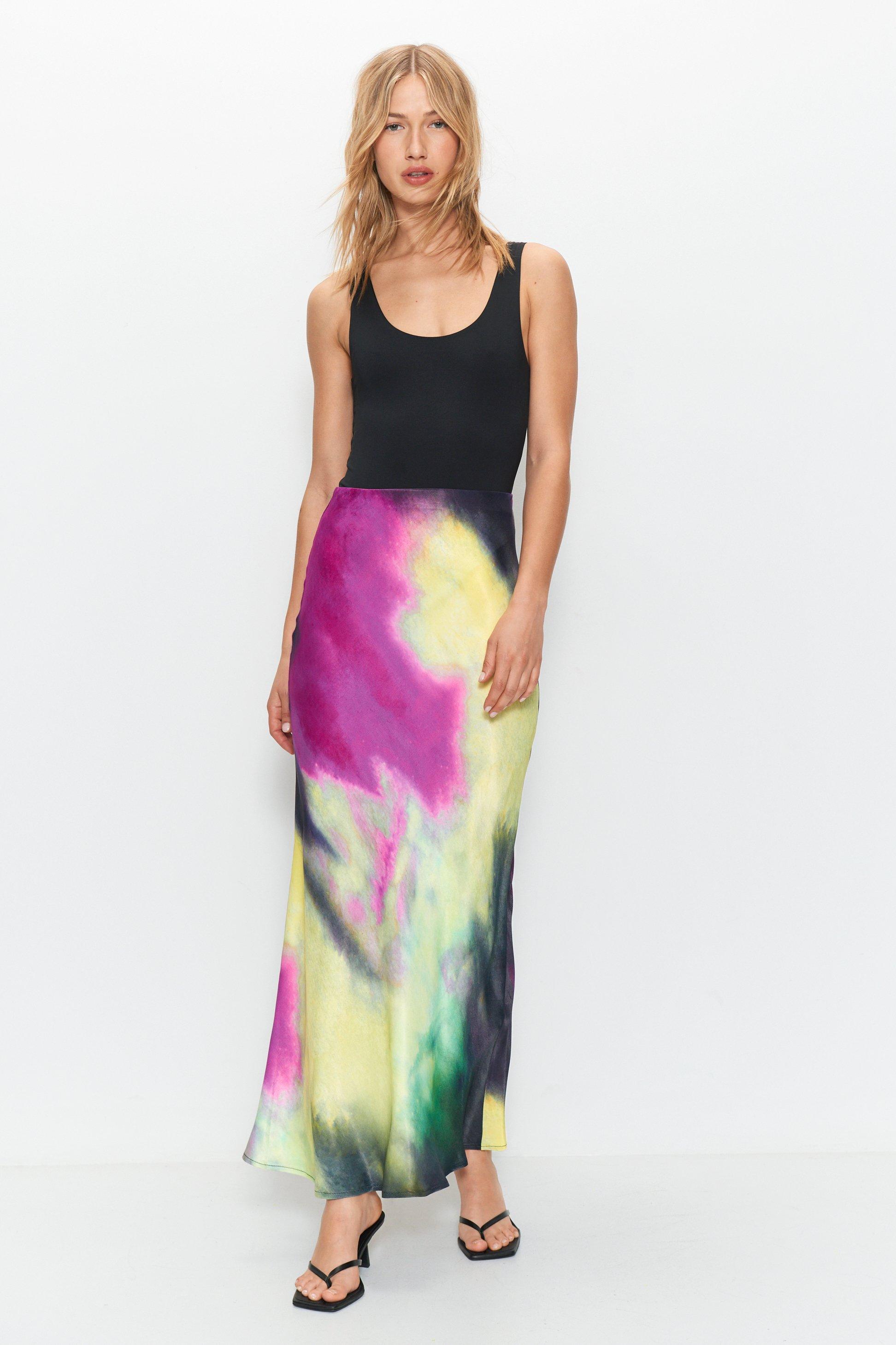 Womens Dye Print Premium Satin Bias Maxi Skirt - black