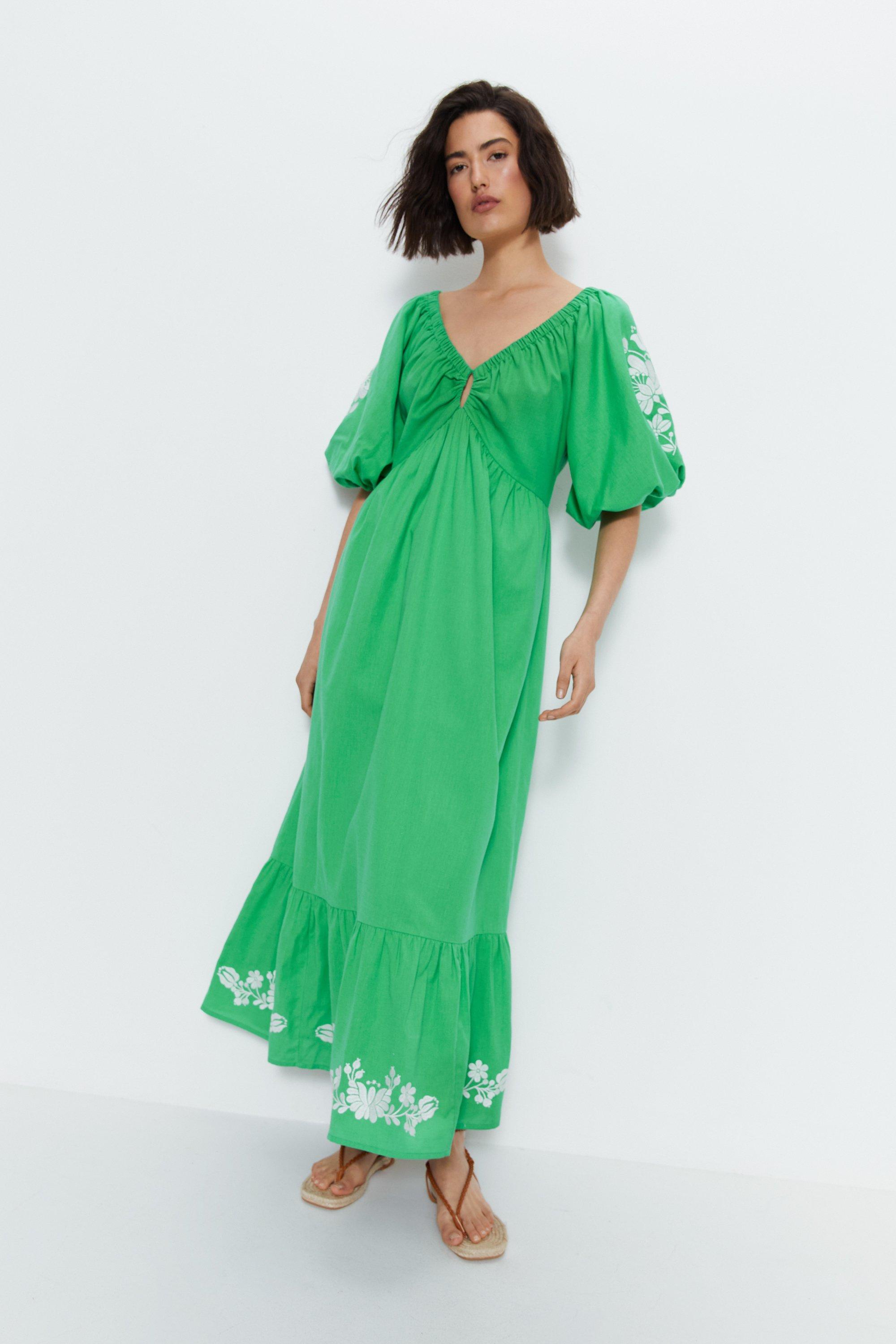 Womens Embroidered Puff Sleeve Midi Dress - green