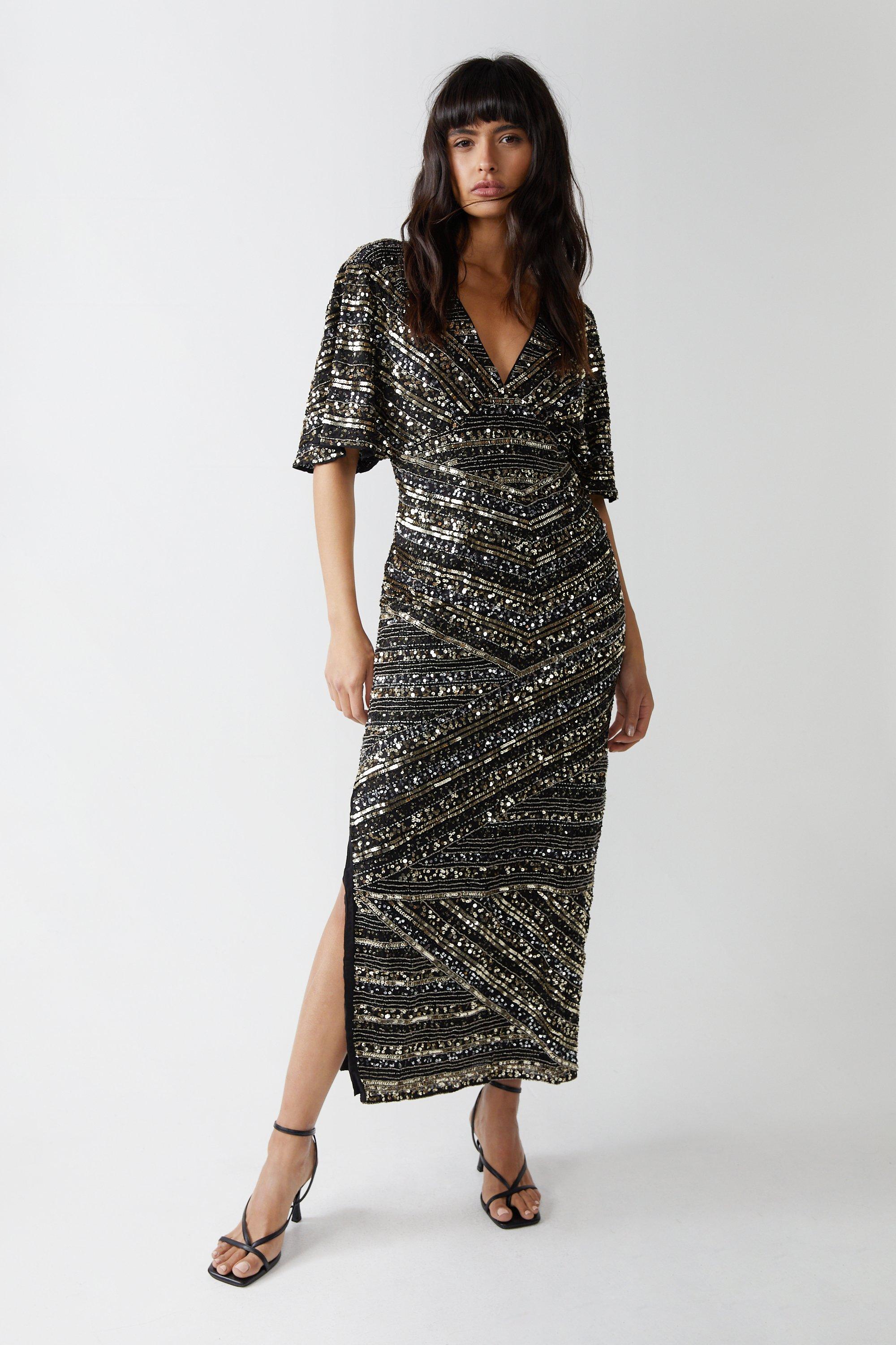 Womens Mixed Sequin V Plunge Midi Dress - silver