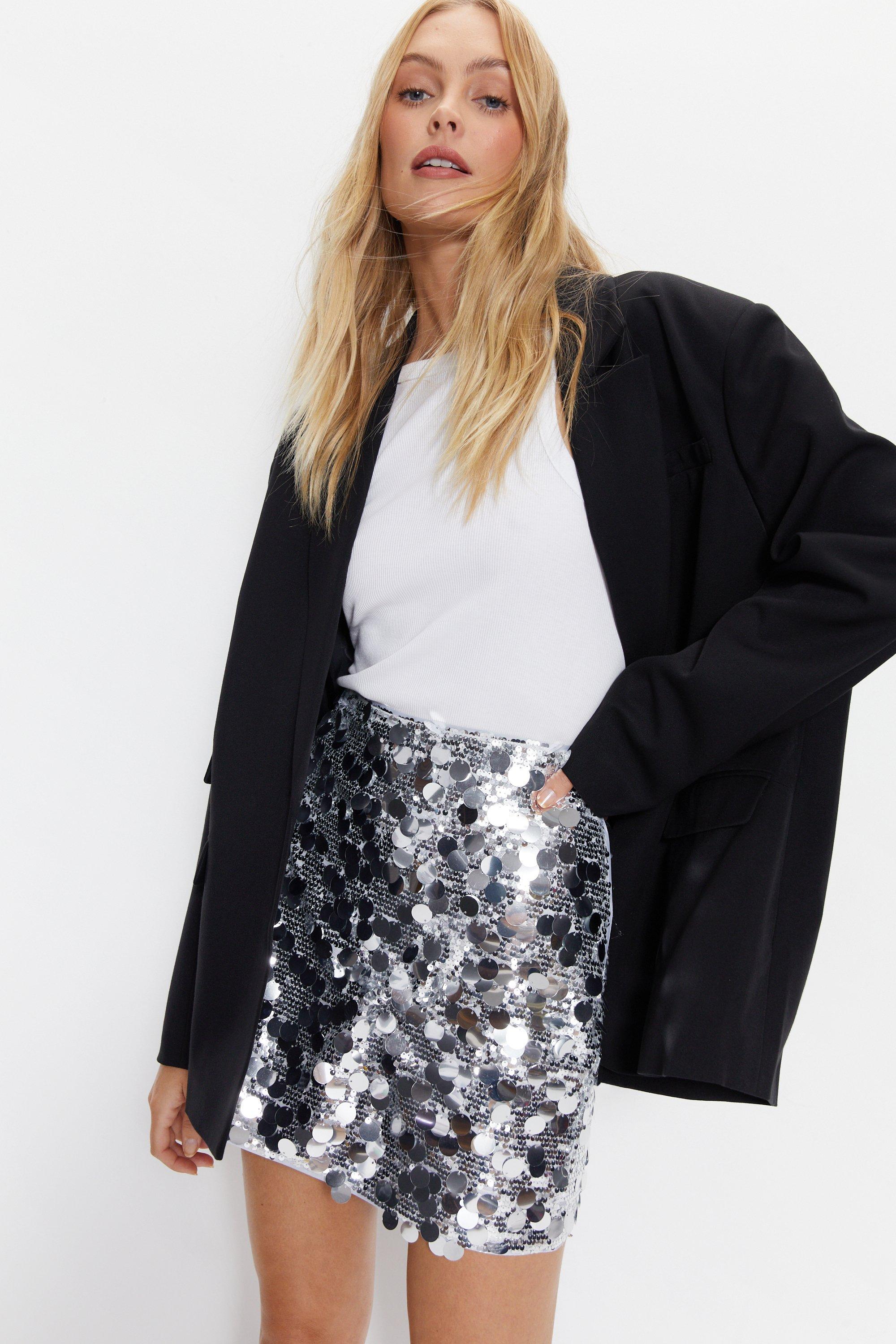 Womens Premium Tailored Sequin Mini Skirt - silver