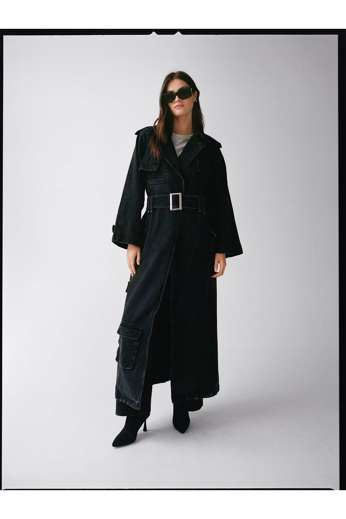 Womens Raw Denim Oversized Trench Coat - black