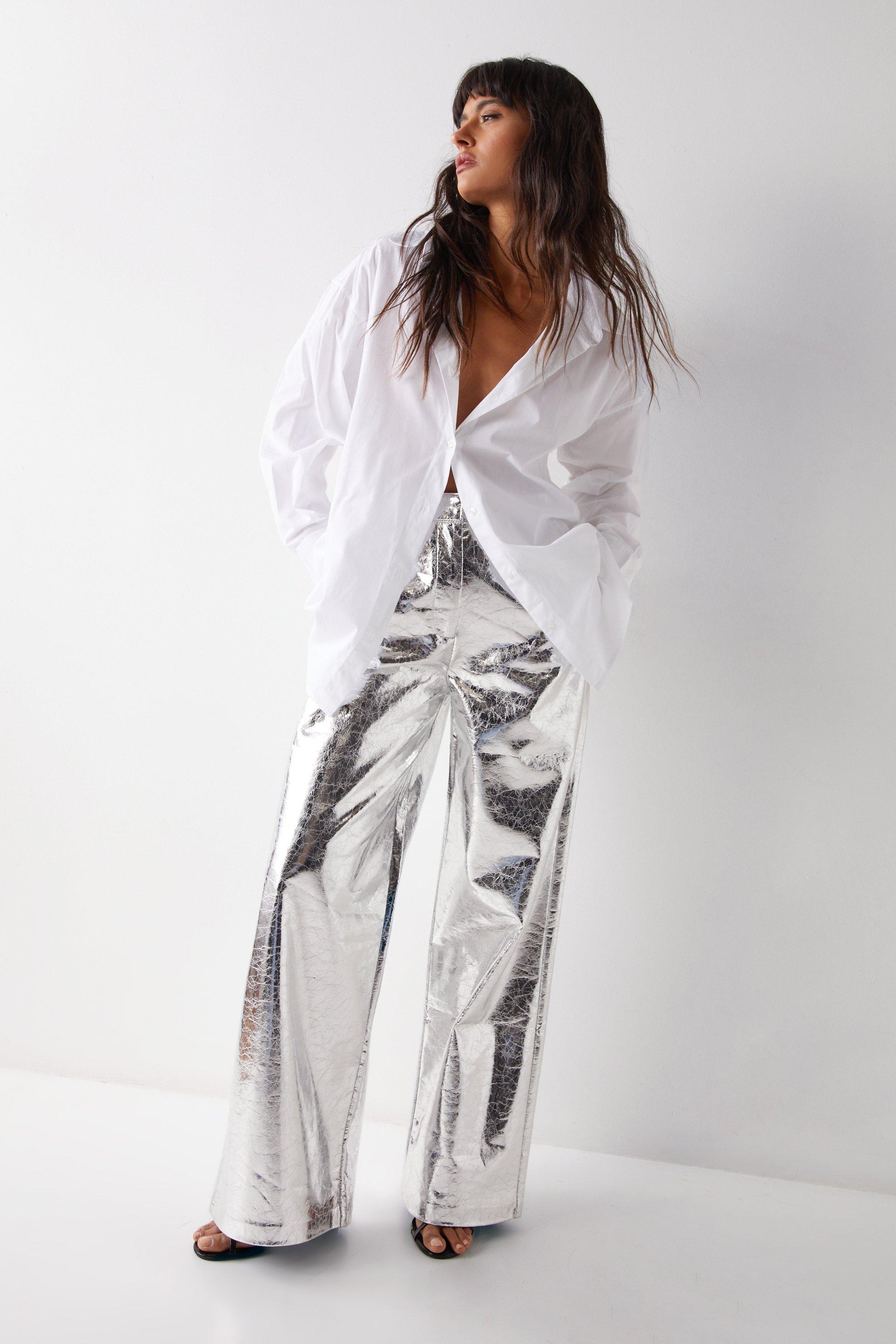 Womens Metallic Crackle Faux Leather Wide Leg Trousers - silver