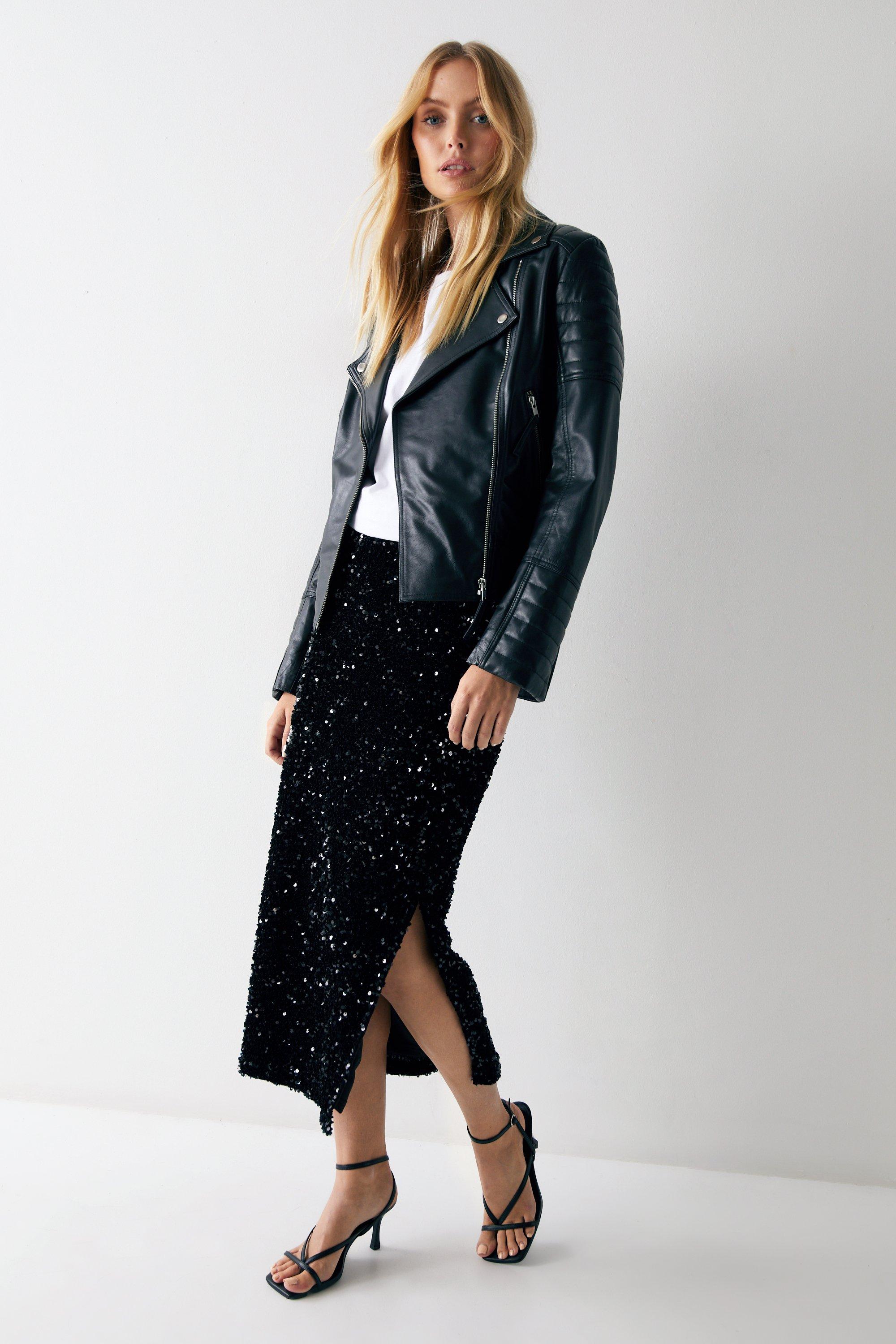 Womens Velvet Sequin Midi Skirt - black