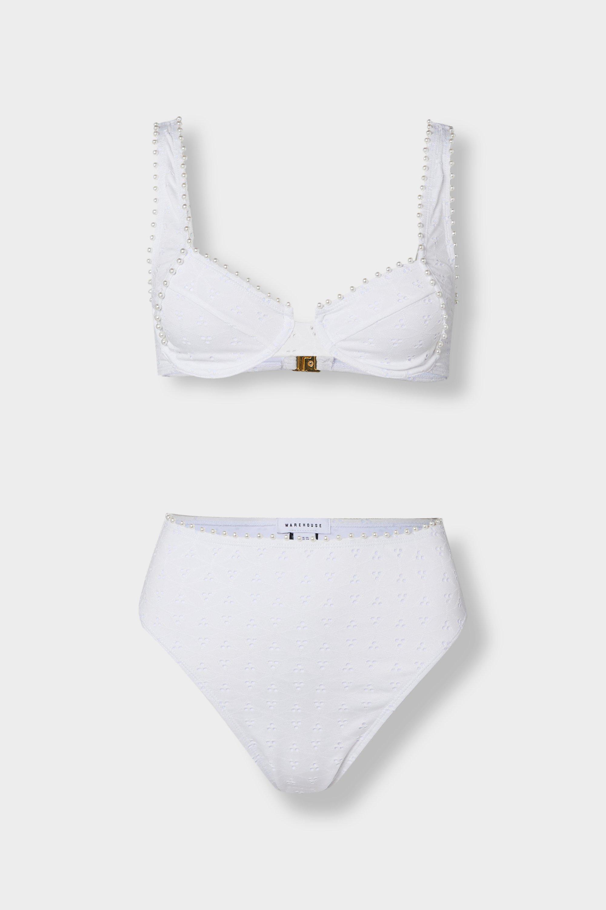 Womens Broderie Pearl Trim Underwire Bikini Set - white