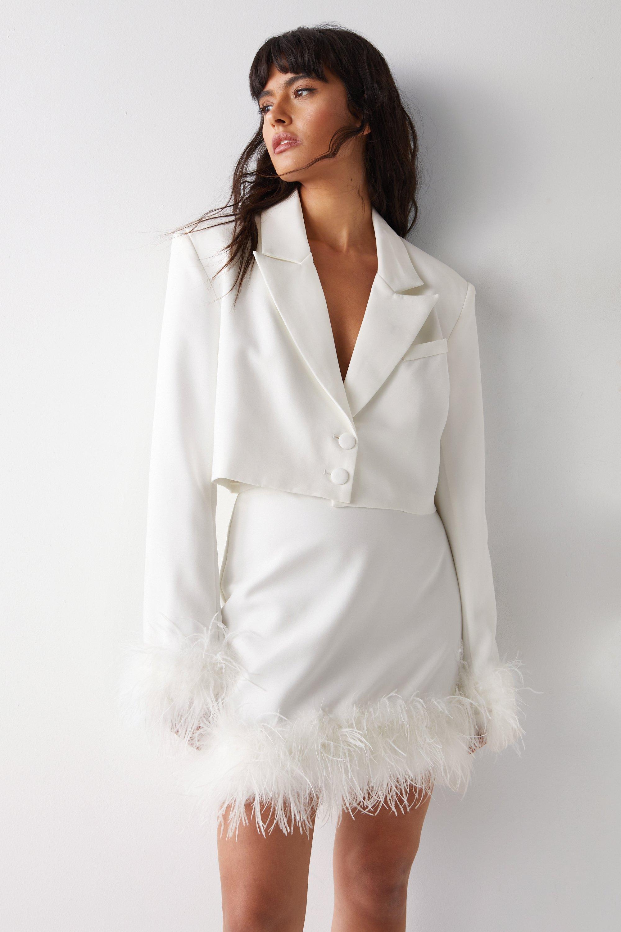 Womens Feather Cuff Tailored Cropped Blazer - ivory