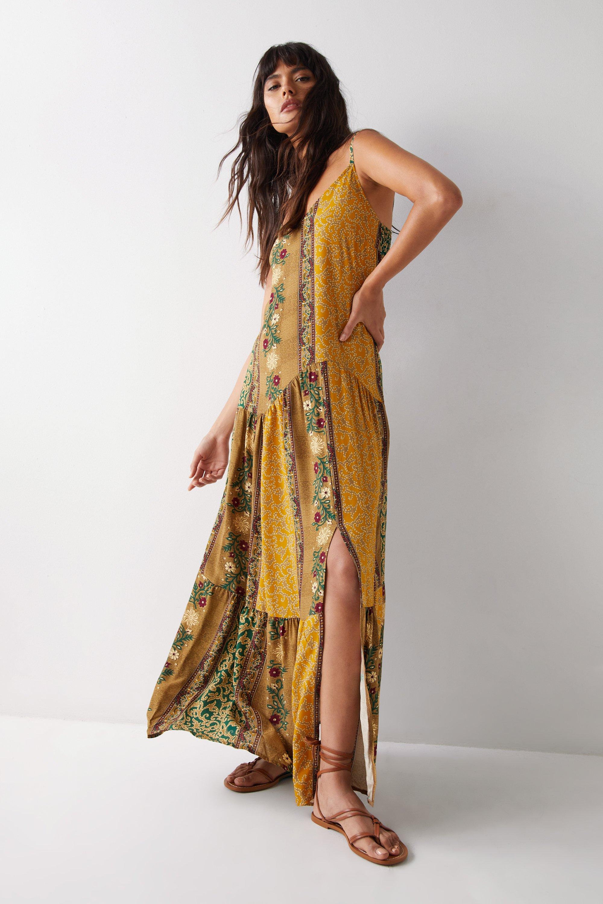 Womens Viscose Scarf Print Strappy Maxi Beach Dress - khaki