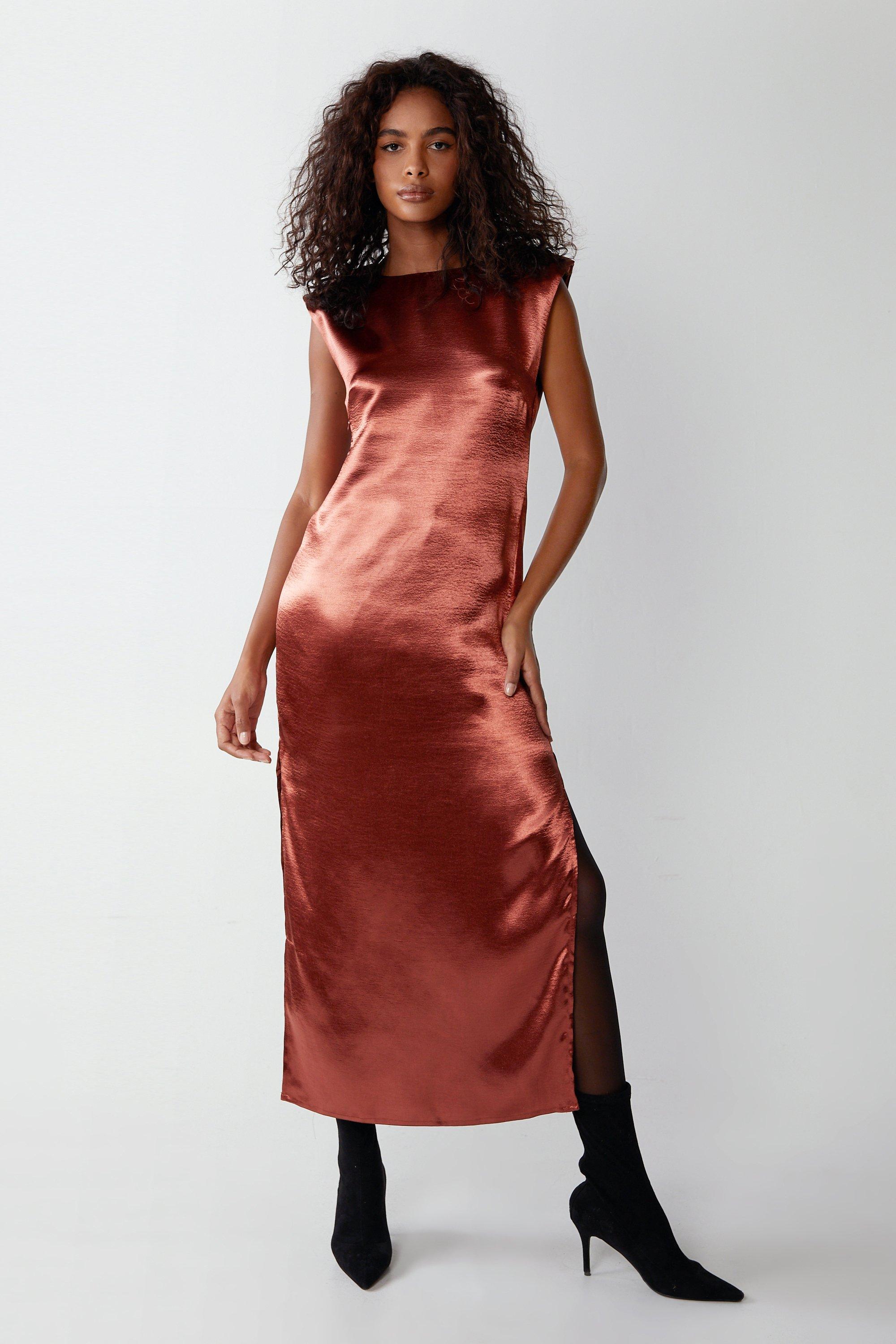 Womens Metallic Satin Column Shoulder Pad Midi Dress - copper