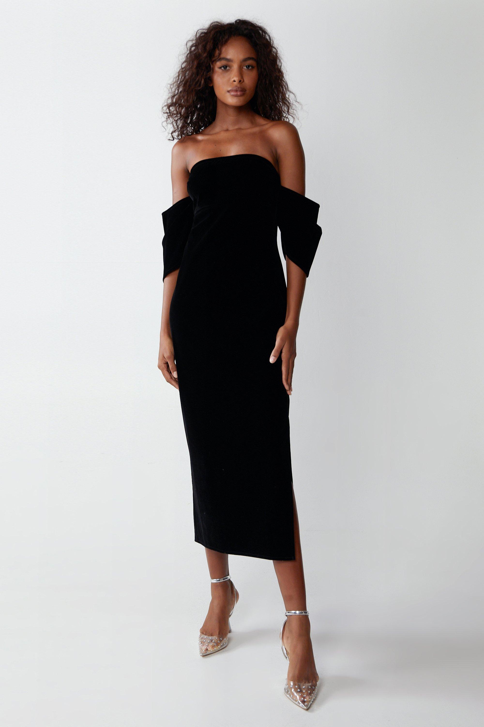 Womens Structured Velvet Puff Sleeve Bardot Midi Dress - black