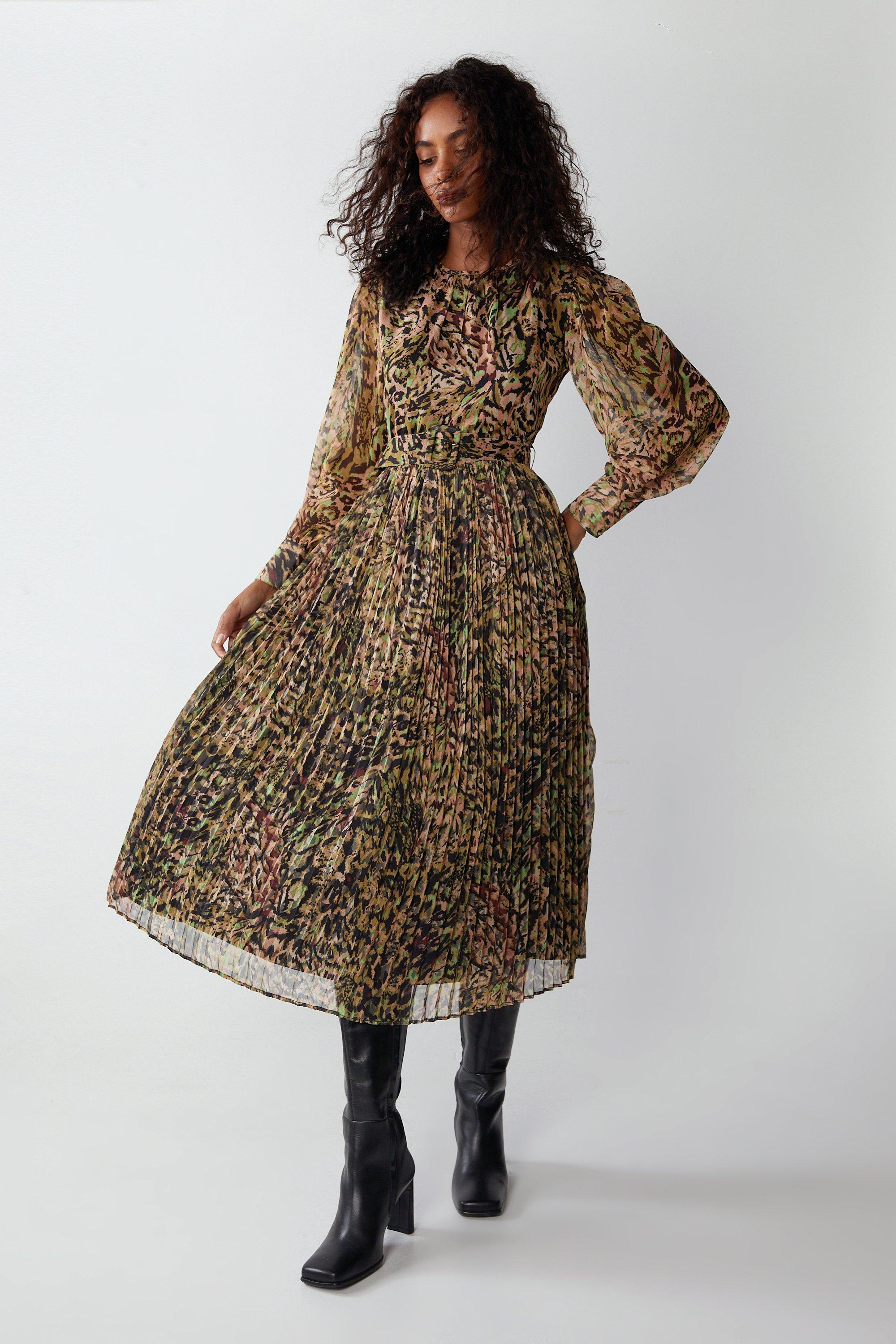 Womens Leopard Print Pleated Midi Dress