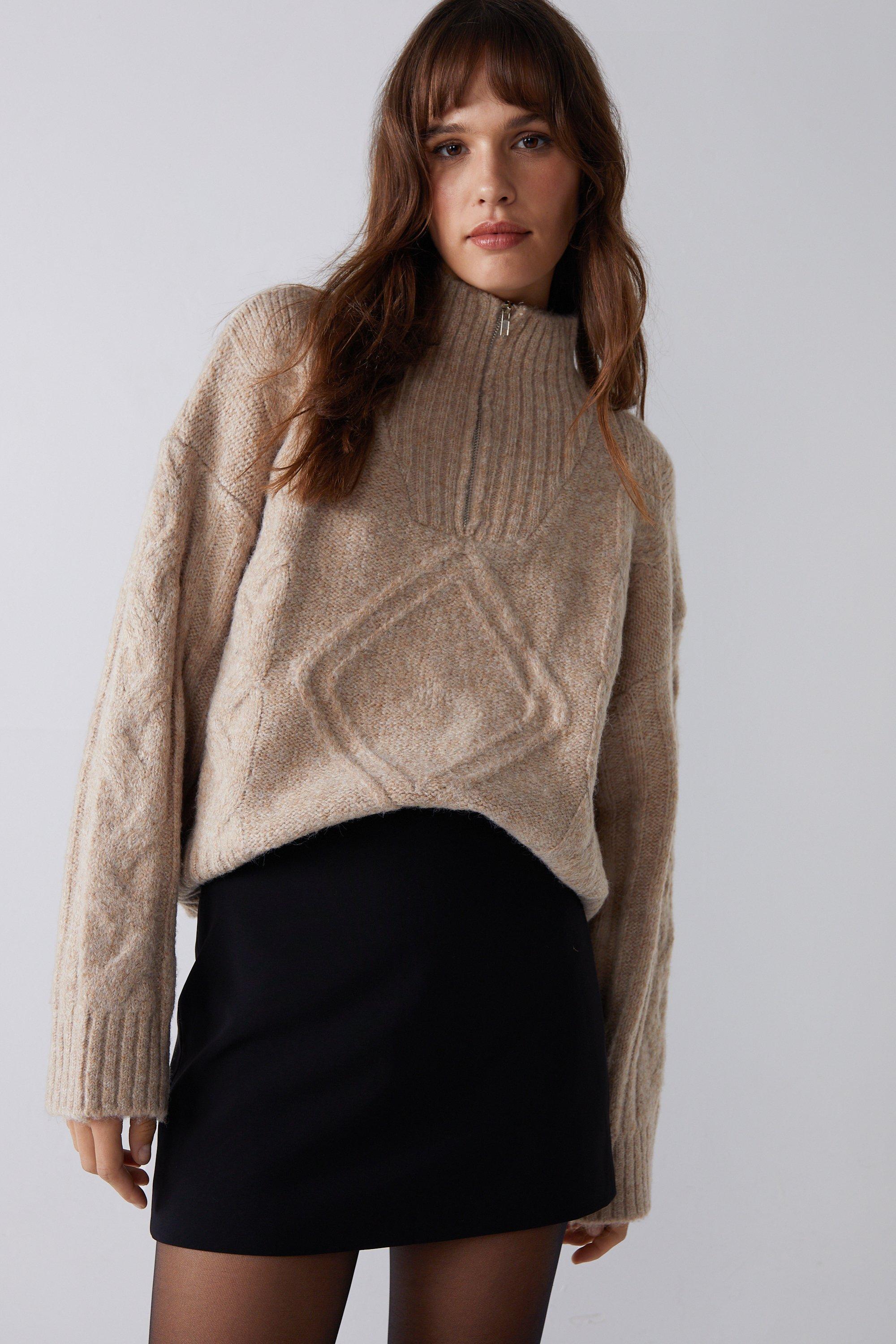 Womens Cable Funnel Neck Jumper - oatmeal