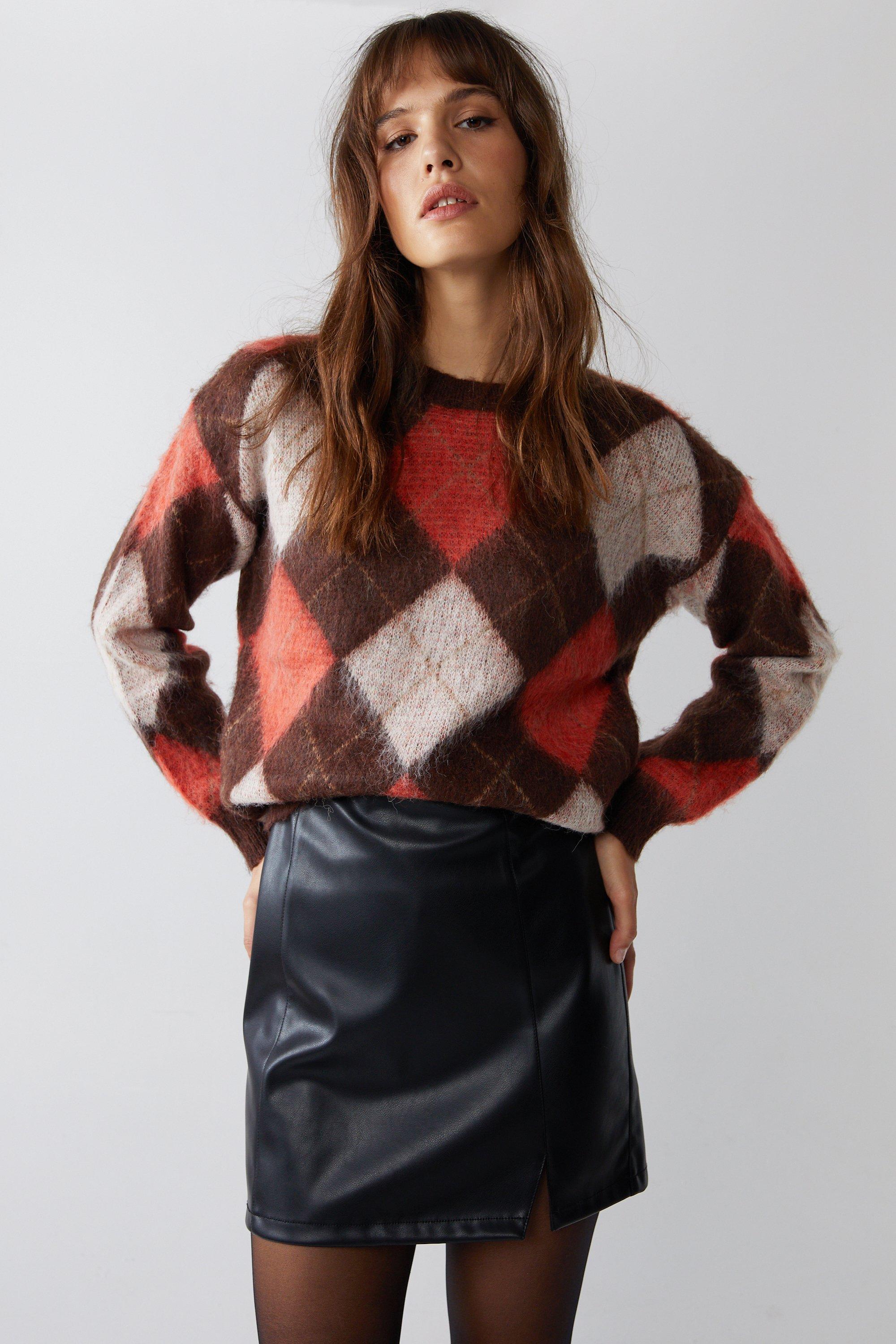 Womens Brushed Knit Multi Check Jumper - chocolate