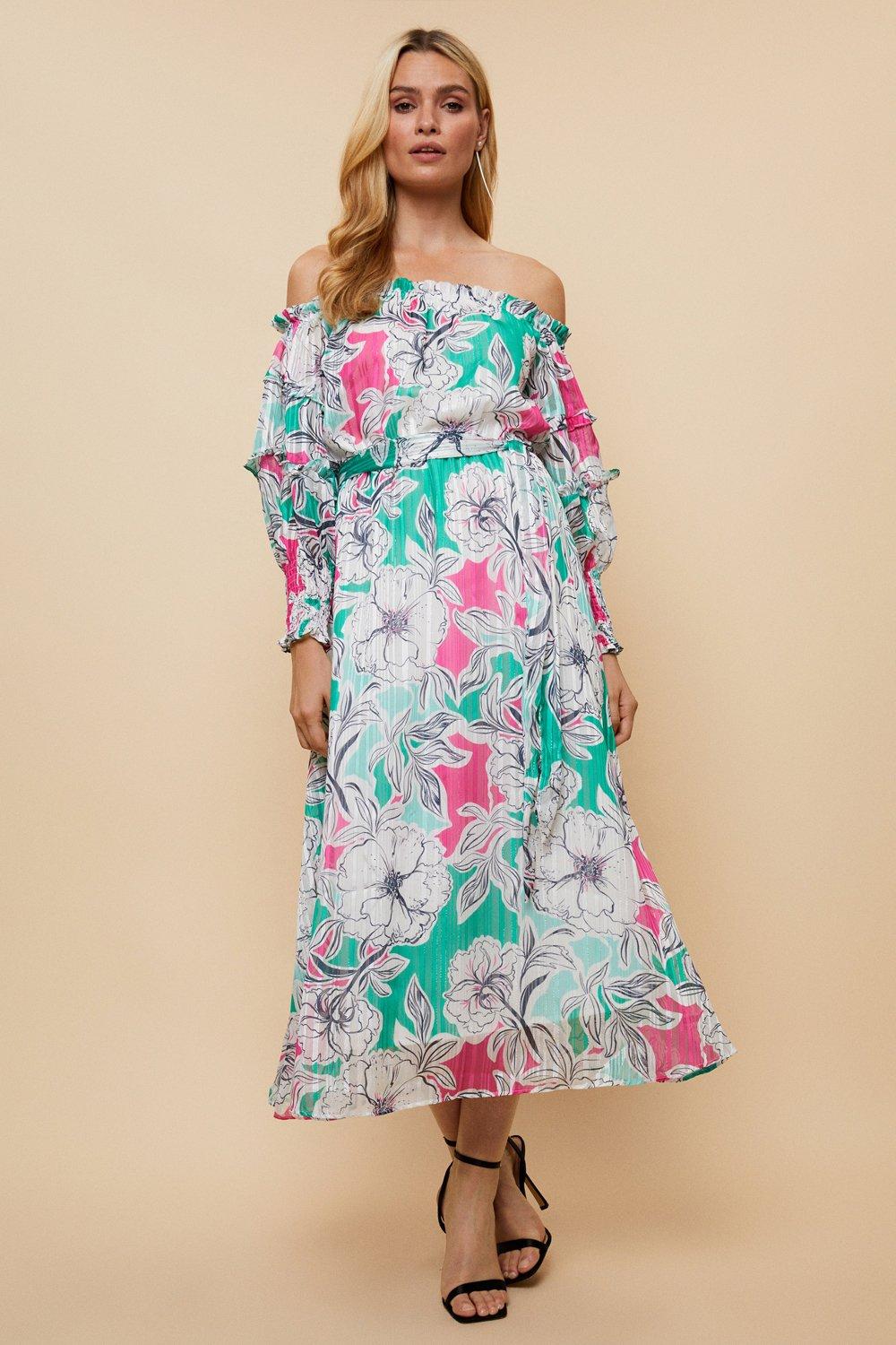 Womens Green And Pink Floral Off Shoulder Dress