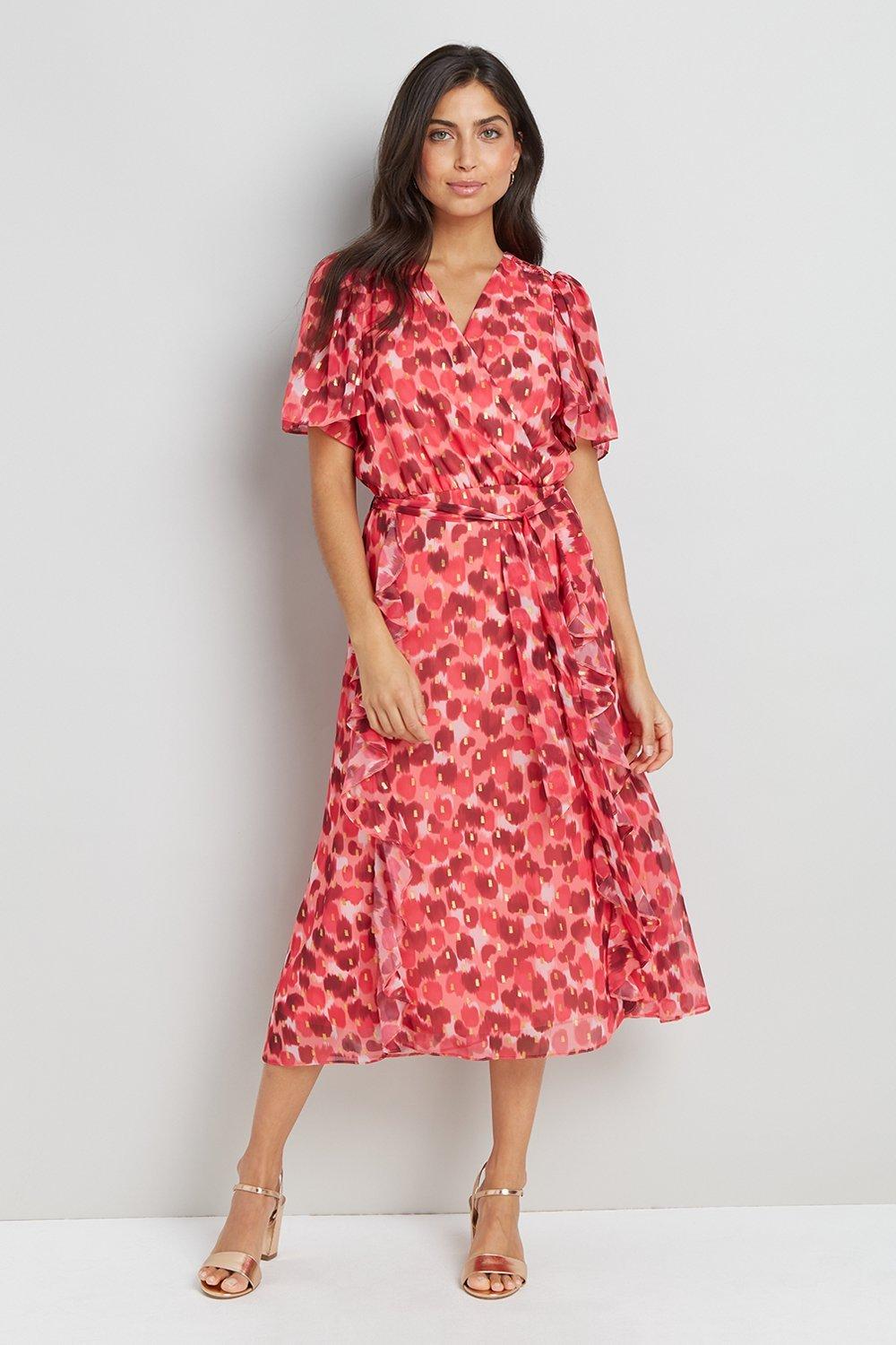 Womens Pink Watercolour Foil Ruffle Front Dress
