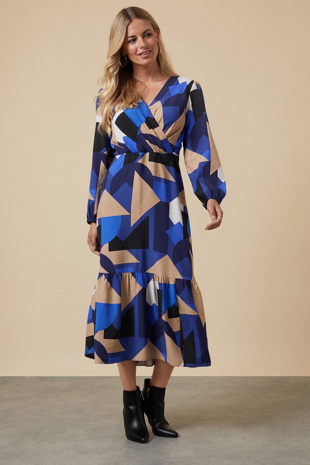 Womens Petite Blue Geo Wrap Midi Dress