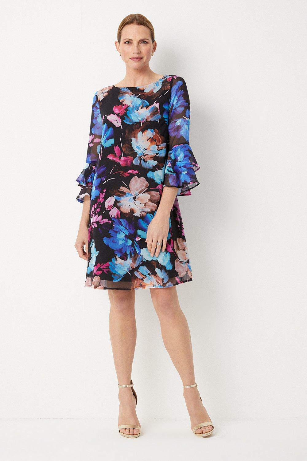 Womens Multi Large Floral Fluted Shift Dress