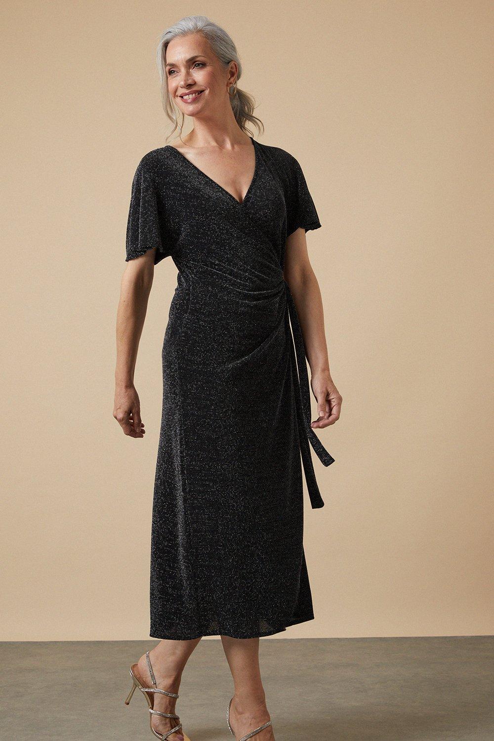Womens Shimmer Wrap Angel Sleeve Midi Dress