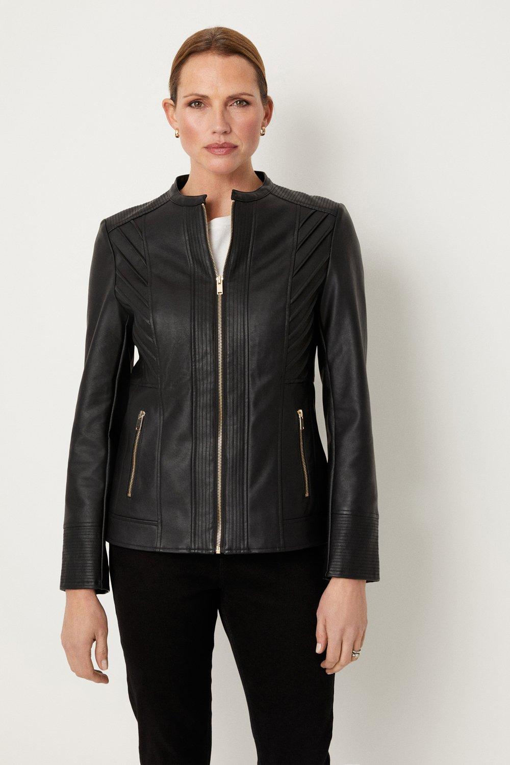 Womens Black Collarless Faux Leather Zip Front Jacket