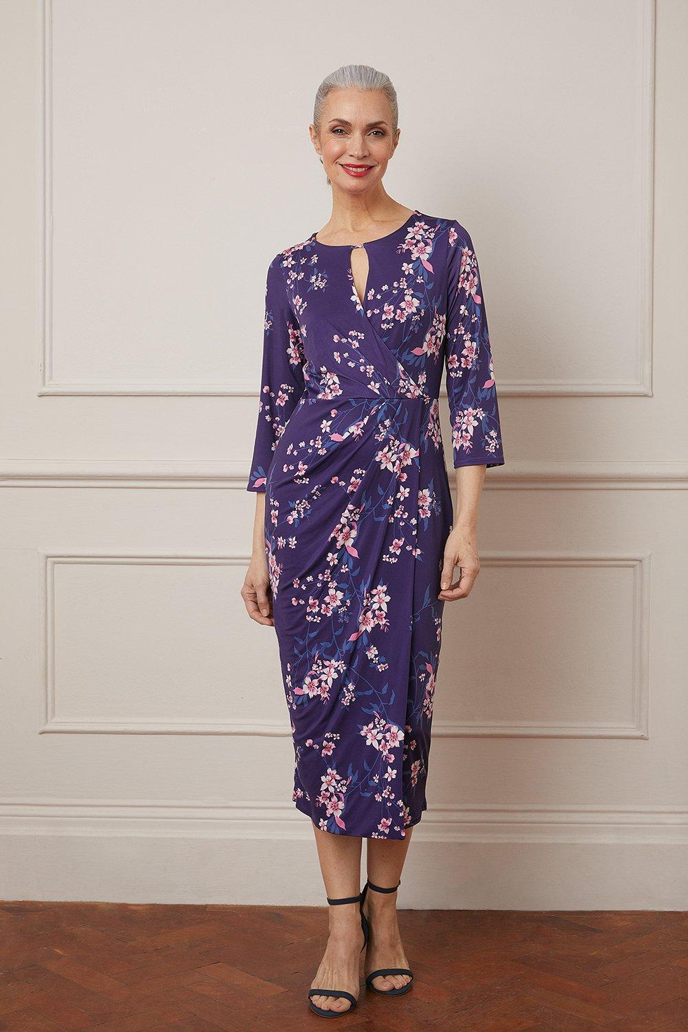 Womens Floral Print Double Jersey Wrap Midi Dress