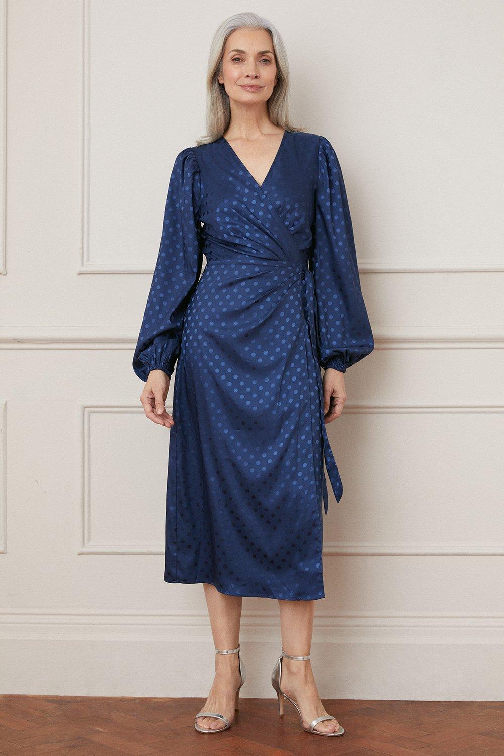 Womens Jacquard Spot Wrap Midi Dress