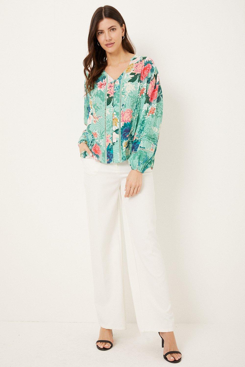 Womens Mint Floral Pleated Top