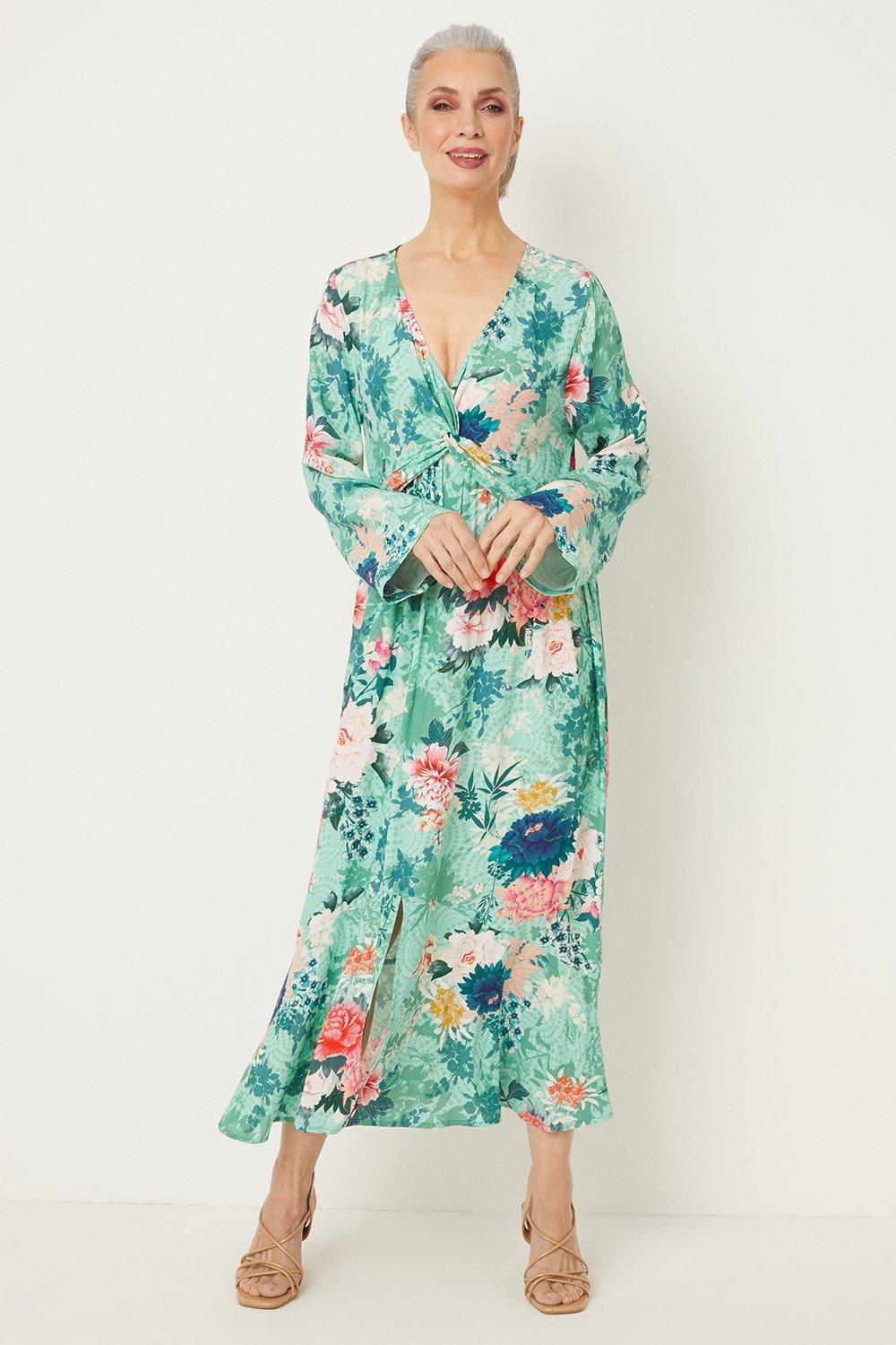 Womens Mint Floral Twist Front Dress