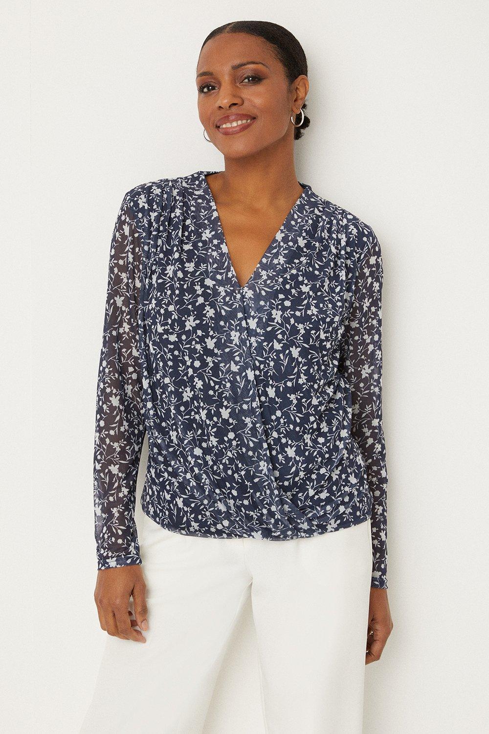 Womens Navy Floral Mesh Wrap Top