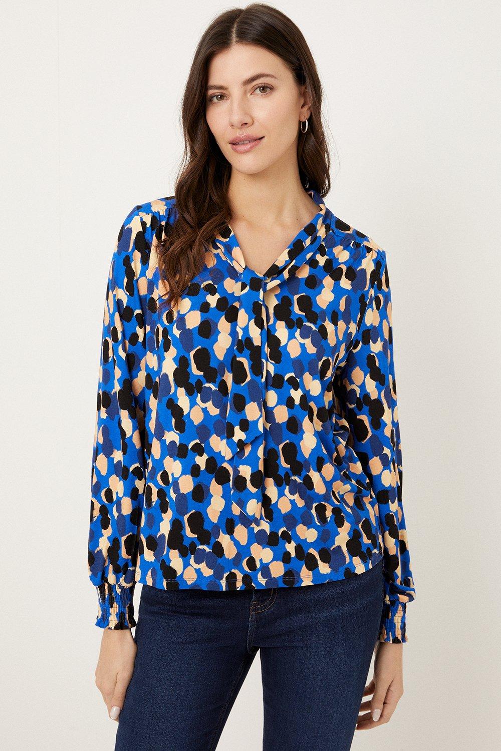 Womens Blue Leopard Tie Neck Jersey Top