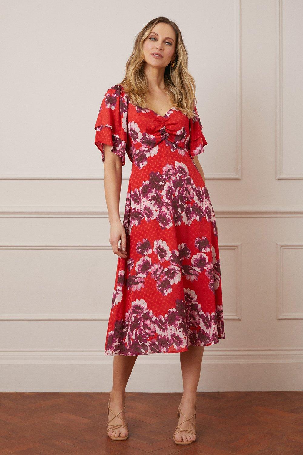Womens Jacquard Spot Floral Ruffle Sleeve Midi Dress
